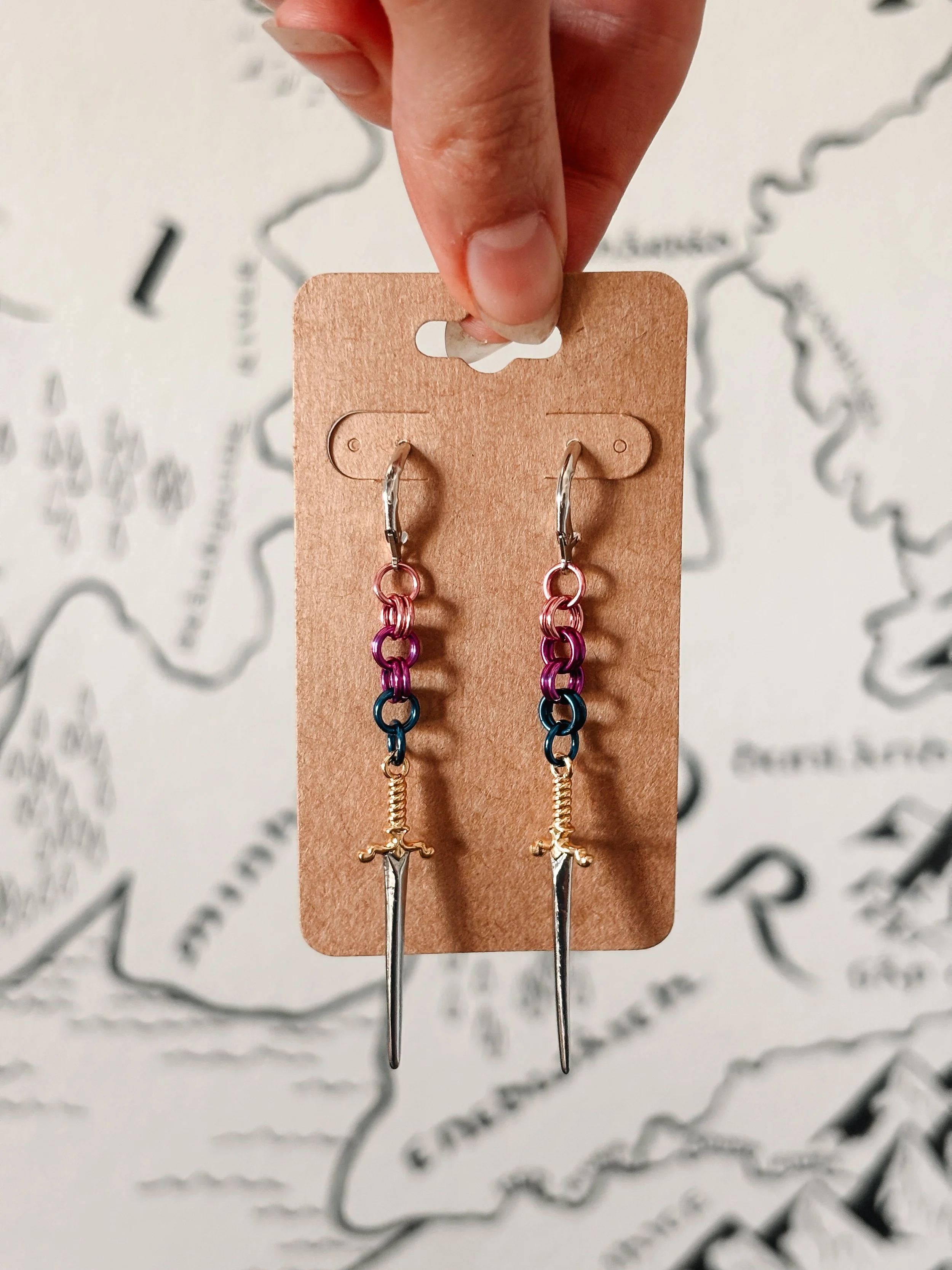 Chainmail Bi Pride Sword Earrings