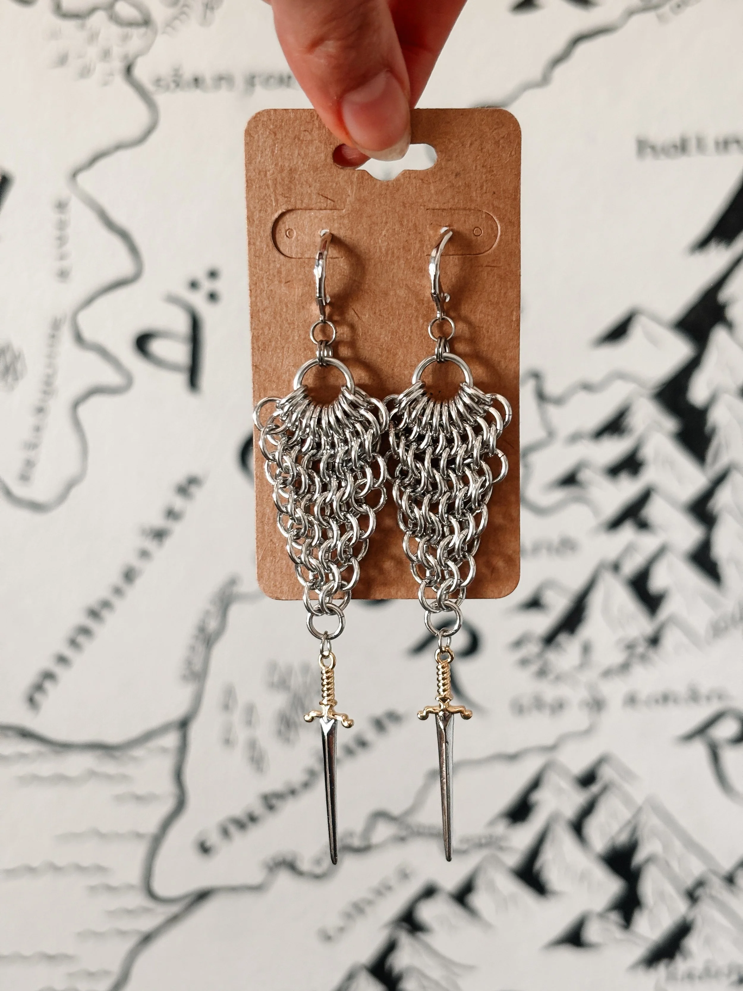 Chainmail Statement Sword Earrings