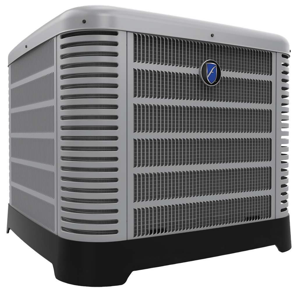 A large, gray central air conditioning unit with horizontal vents and a blue circular logo on the front.