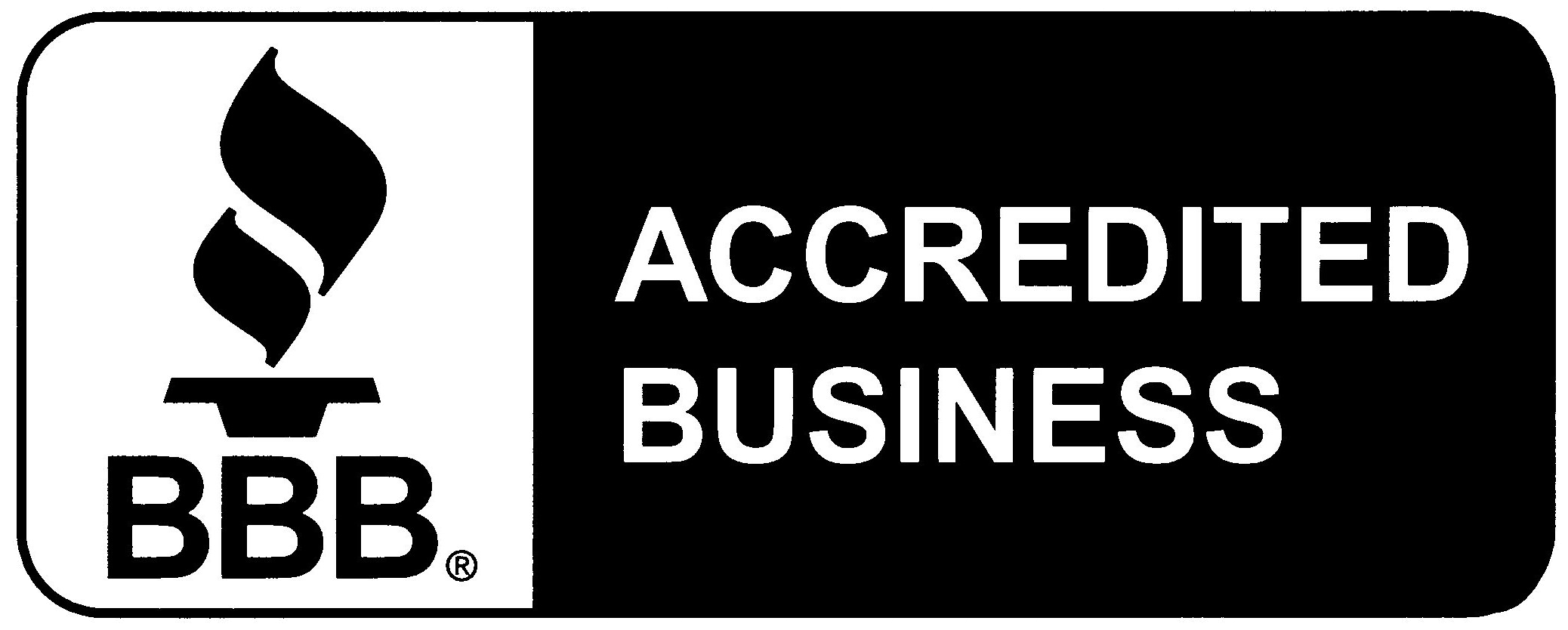 Black and white logo featuring a flame above a platform with the letters 'BBB' underneath, next to the words 'ACCREDITED BUSINESS'.