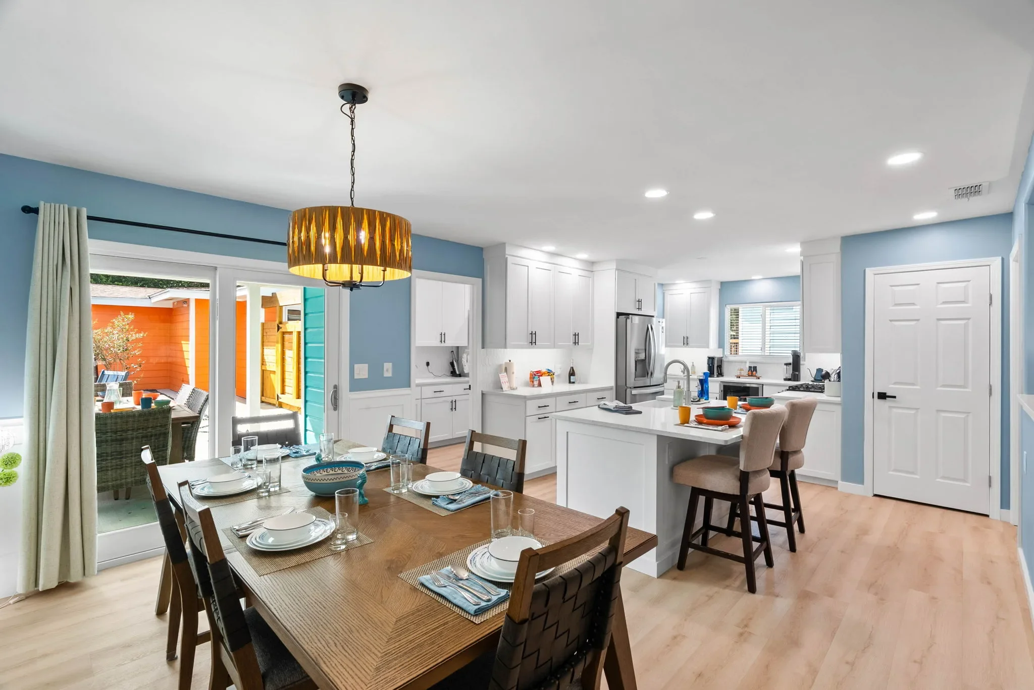Dining table with kitchen island in view, pet-friendly vacation rental Corpus Christi