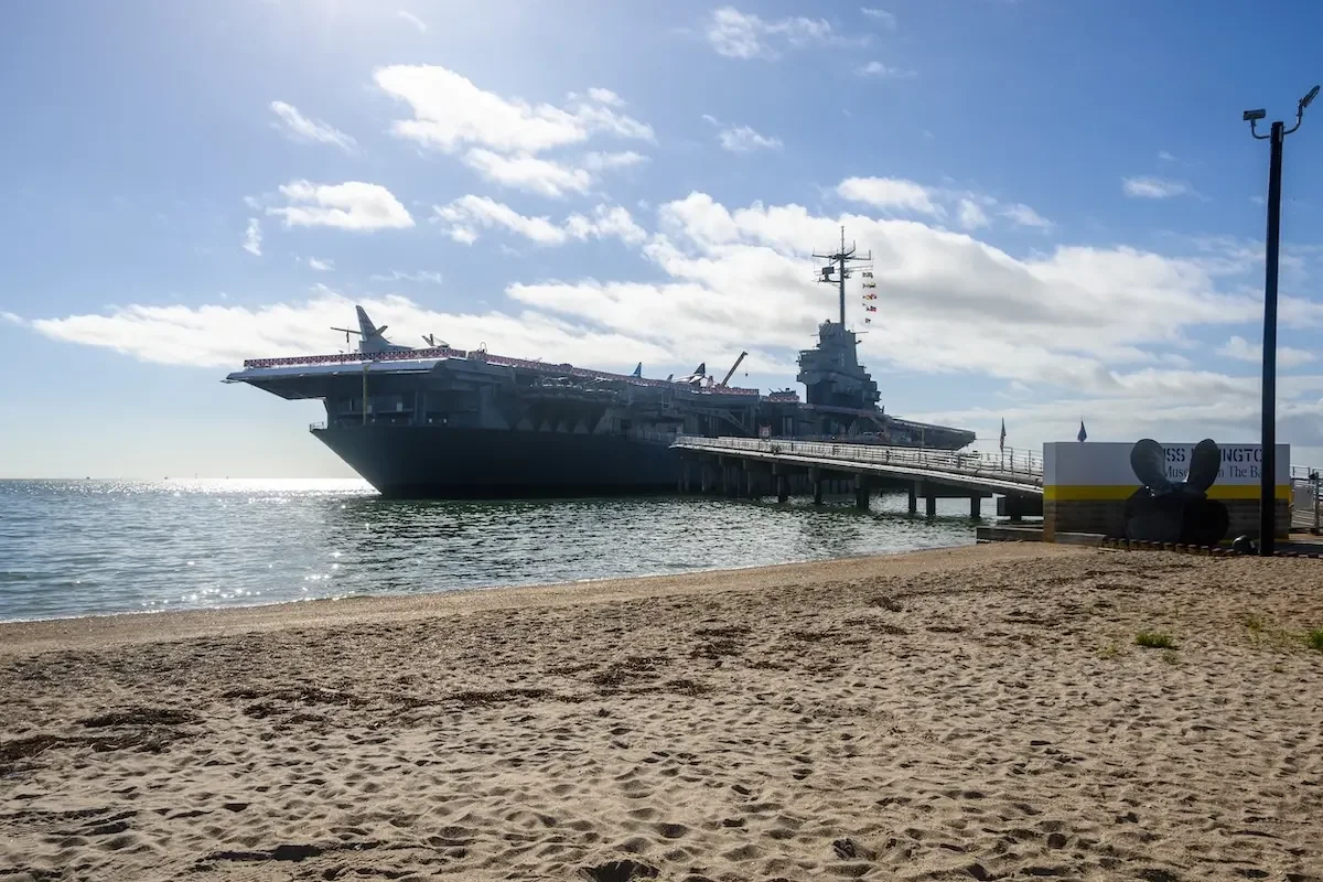 USS Lexington aircraft carrier museum viewed from the beach in Corpus Christi, Texas