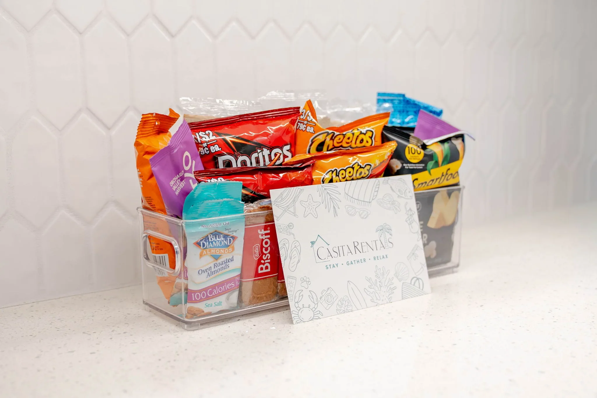 Welcome snack basket with a Casita Rentals card at this vacation rental