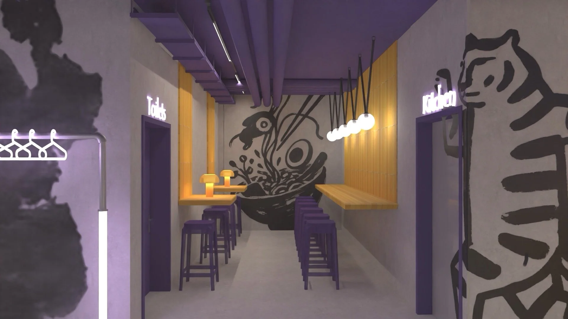 Innenansicht eines modernen Ess- und Sitzbereichs mit Wanddekoration, grauen Wänden, gelben Holzpanelen, purple Möbeln und einer weißen Lampenleiste.