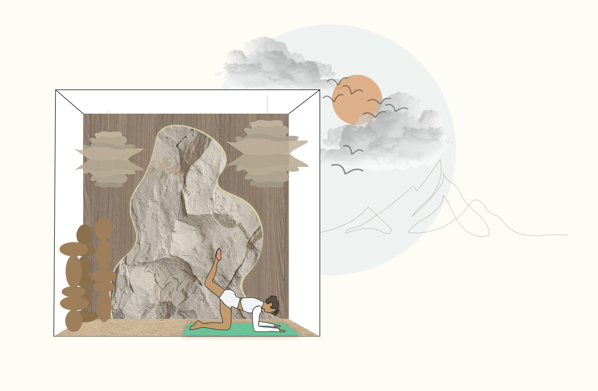 Illustration einer Yoga-Person in der Vierfüßlerhaltung in einem Raum mit einer Wand aus Steinen, einer vertikalen Steinsäule und Wolken im Hintergrund