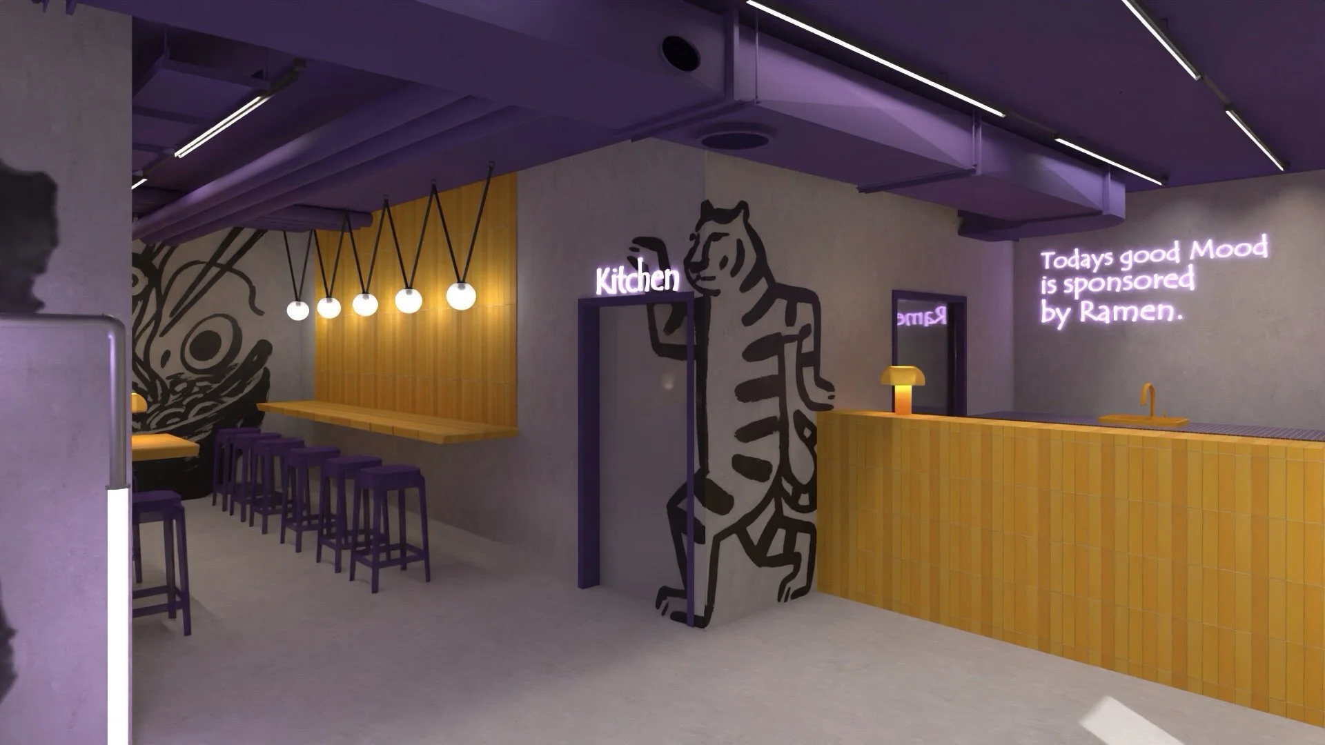 Innenansicht eines modernen Restaurants mit gelbem Thekenbereich, Wandkunst eines Tigers, und Neon-Schilder mit deutschen und englischen Texten.