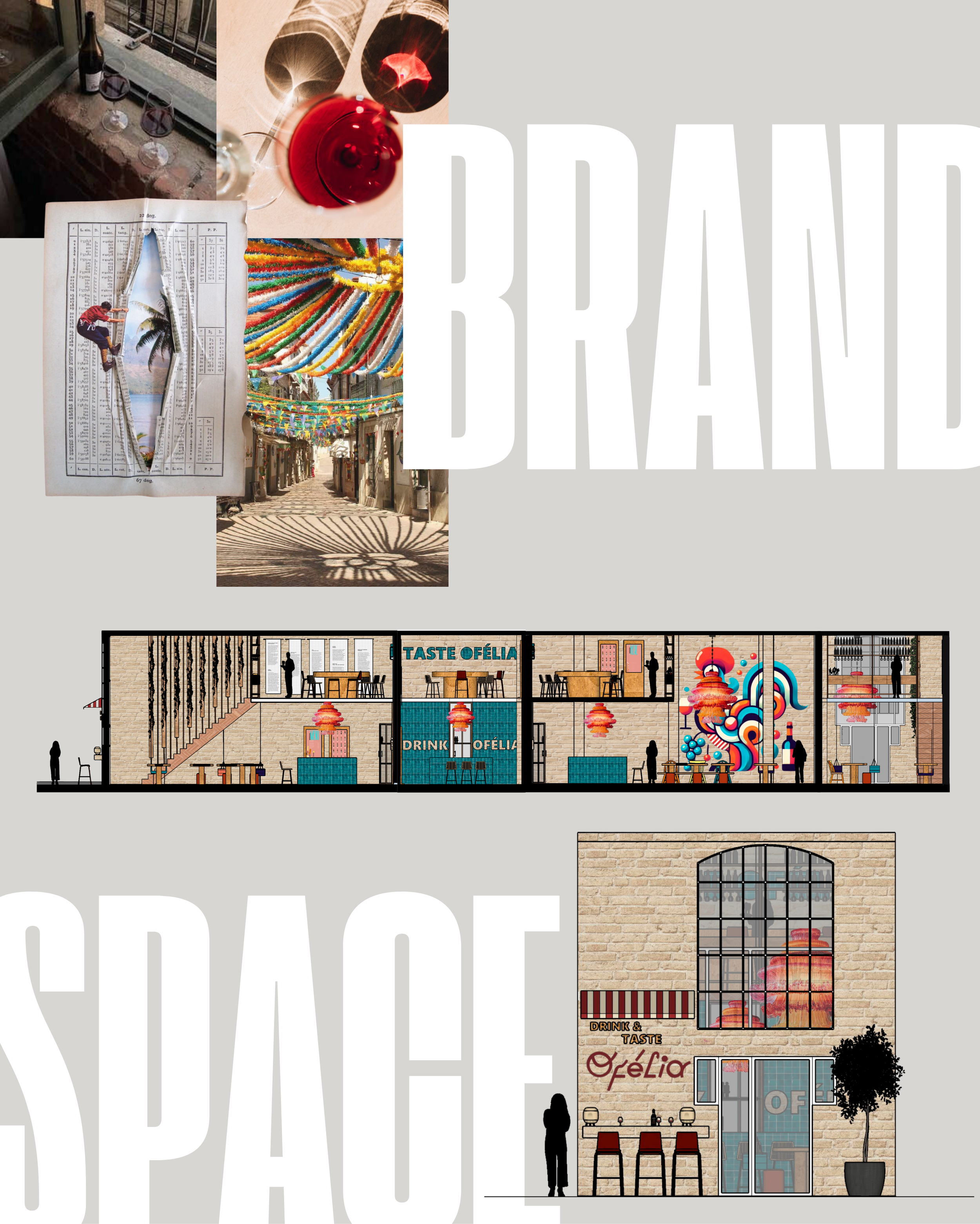 Ein mehrstöckiges Restaurant mit dekorativen Lichtern und bunten Wandkunst, mit Innen- und Außenansichten, die das Restaurantdesign zeigen, inklusive Sitzbereichen und dem Namen 'TASTE OFÉLIA'.