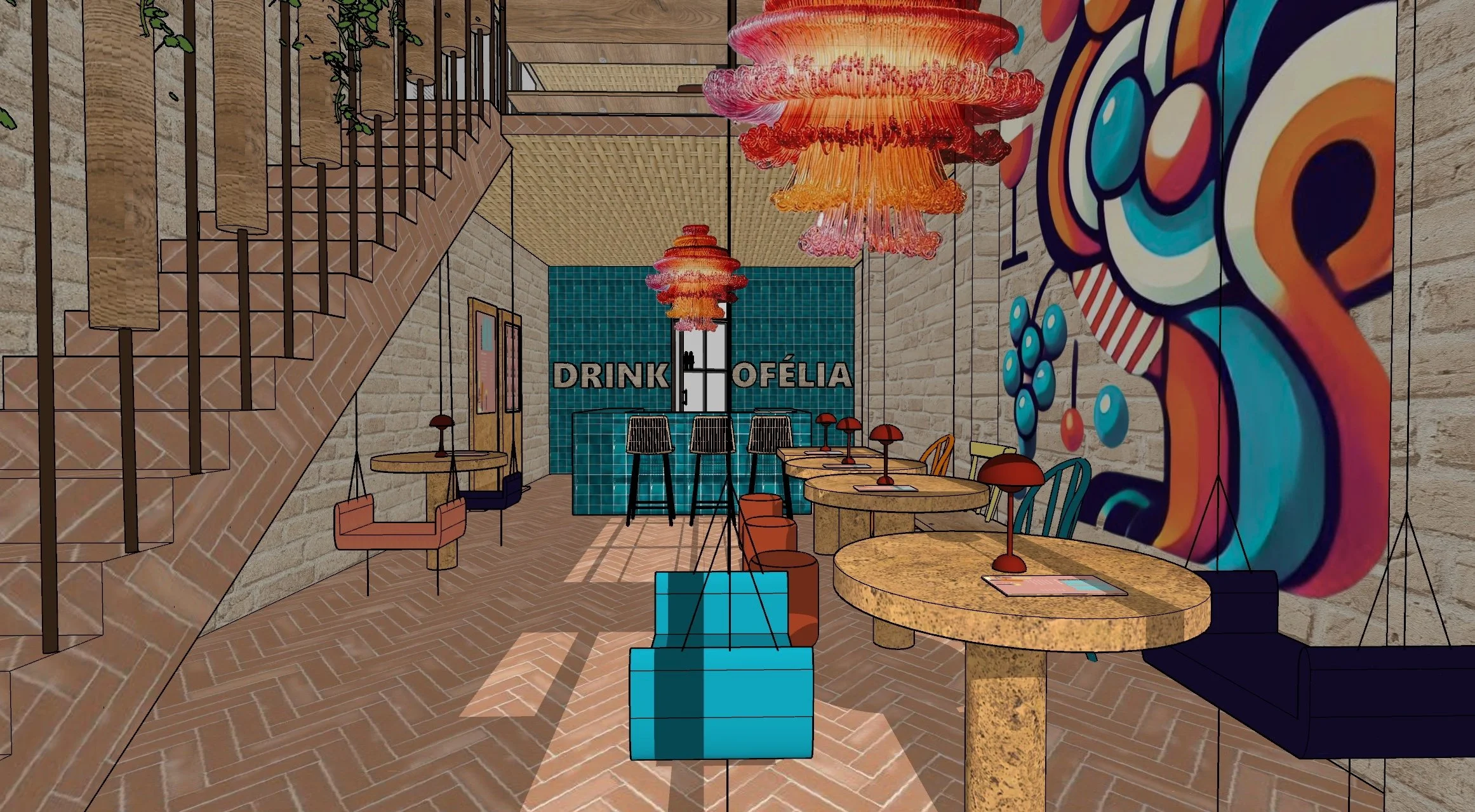 Innenraum eines trendigen Cafés mit bunten Wandkunst, modernen-Lampen, Holztisch und Stühlen, Barcode-Tresen im Hintergrund, an der Wand steht 'DRINK OFELIA'.