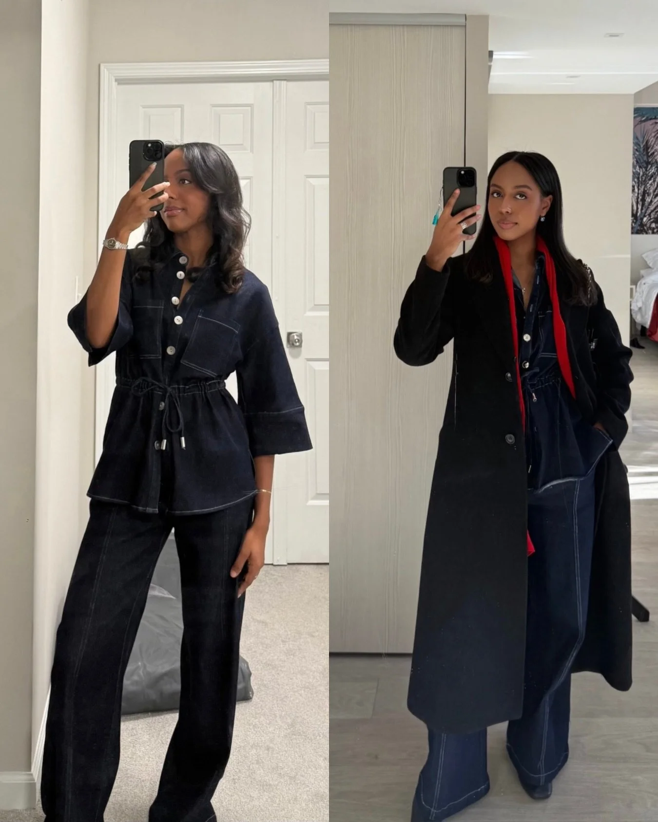 ARDEN DENIM SET&mdash; Before + after styling in the new Arden Denim Set. 

Soft denim, a drawstring for a contoured waist, complete with an elastic waistband on the wide leg pants for extra comfort and give. The round, silver buttons and oversized, 