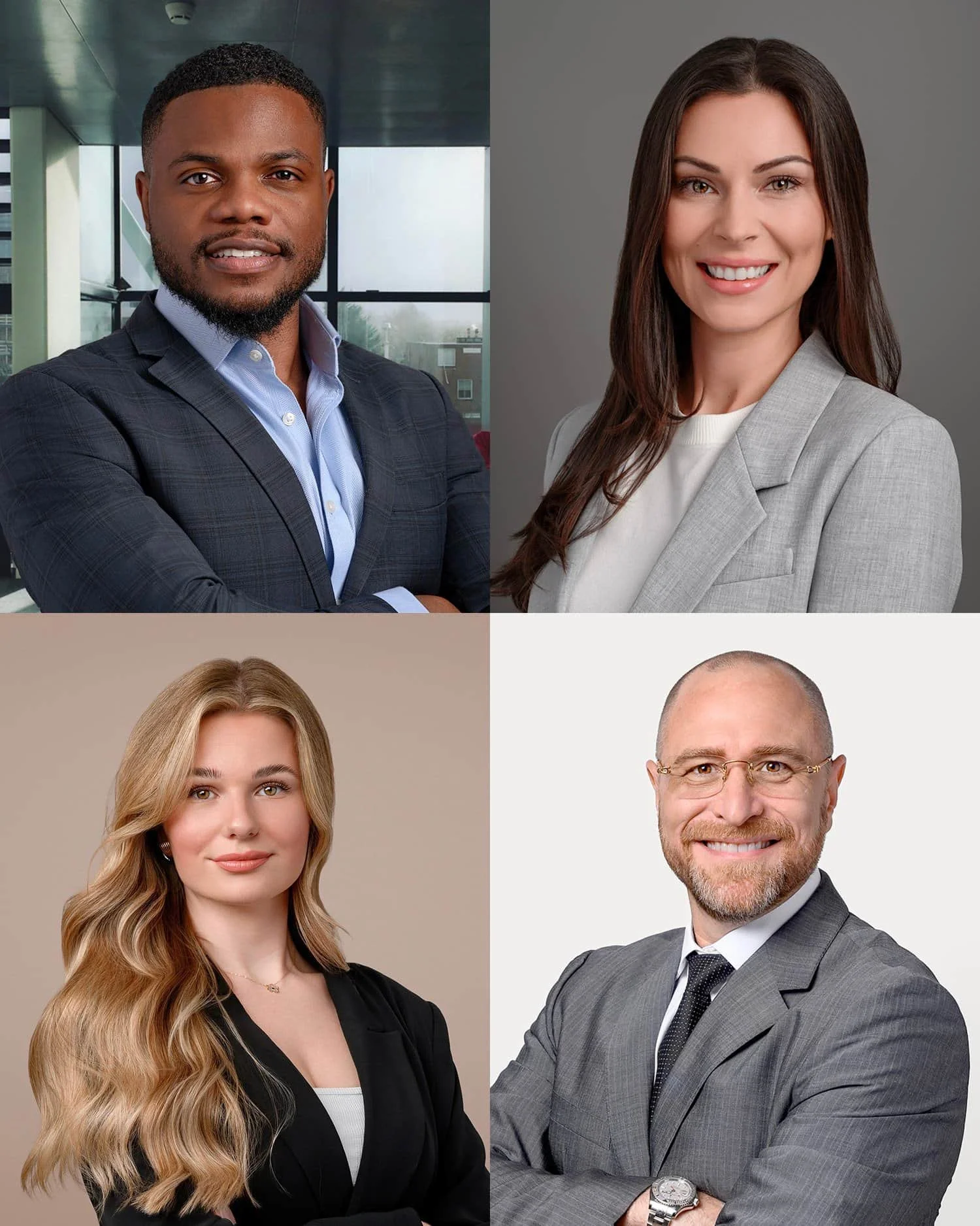 Collage of four professional headshots featuring diverse individuals in business attire.
