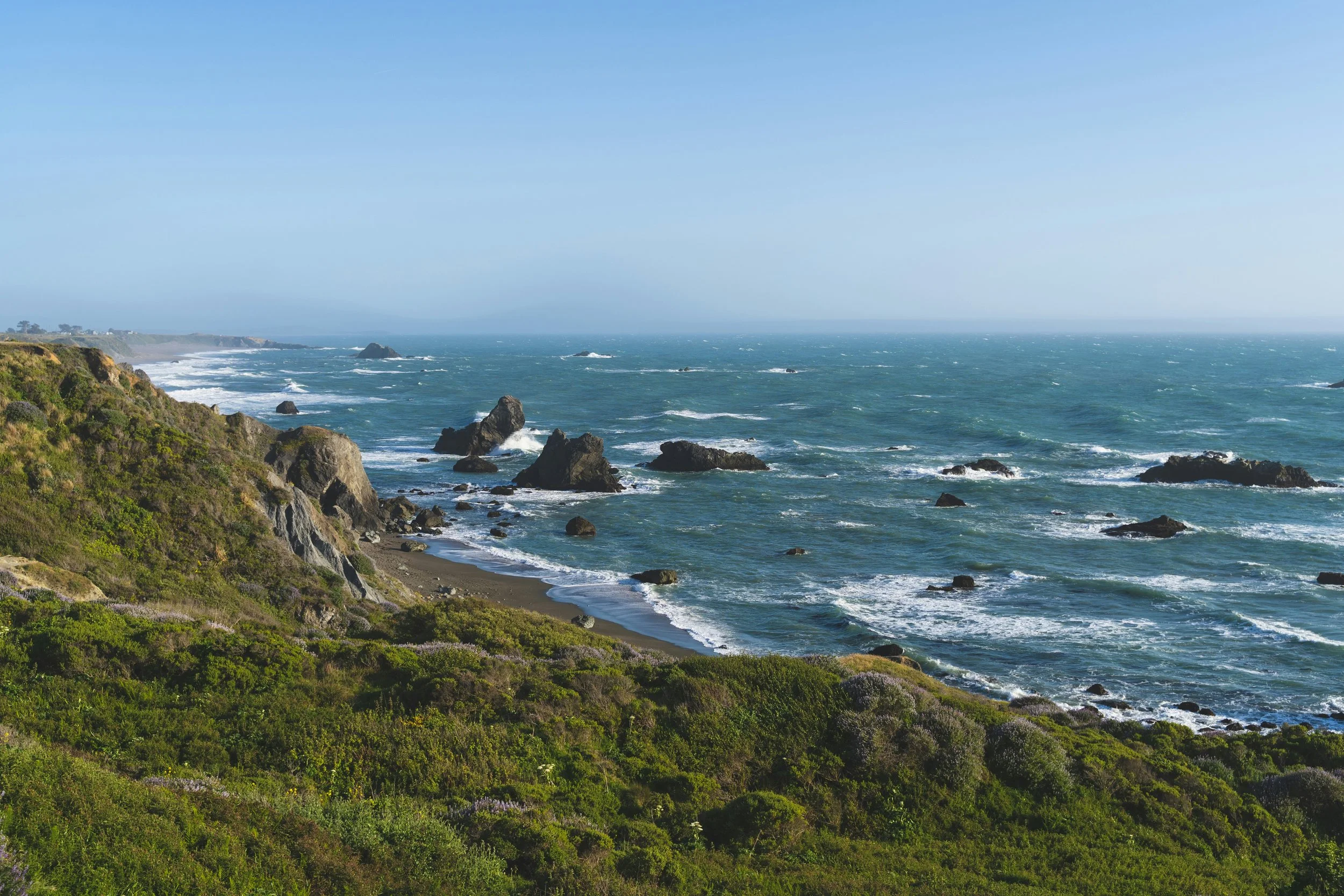 Coastal view with rocky shoreline, waves, and green vegetation in California