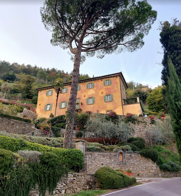 A hillside house with orange exterior walls and green shutters, surrounded by lush landscaping, with a large tall pine tree in the foreground and other trees on the hillside.