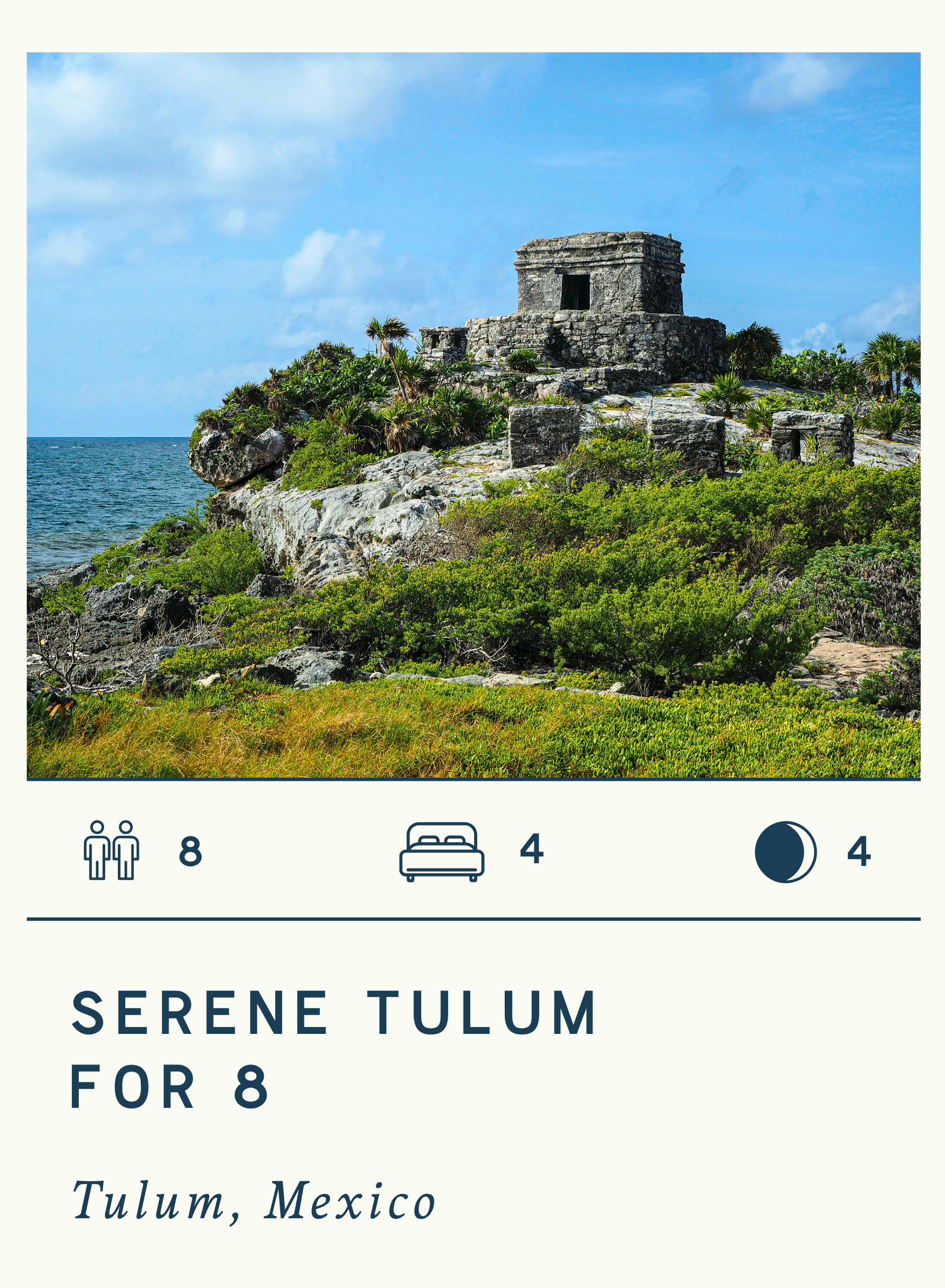 A historic stone Mayan ruin on a rocky hilltop surrounded by lush green vegetation, with the sea in the background under a partly cloudy sky.