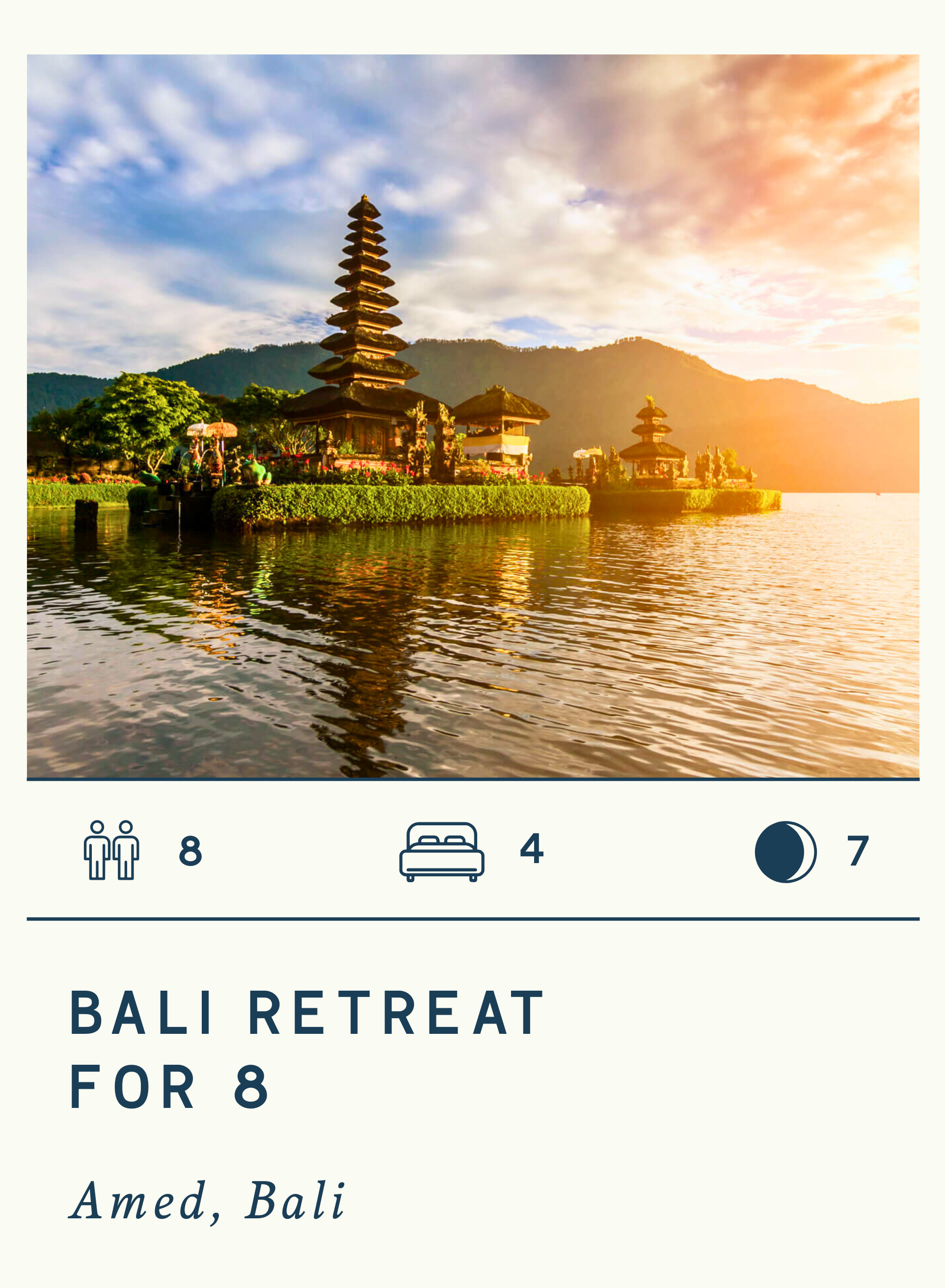 A scenic view of a traditional Balinese temple complex on a lake at sunset, with lush greenery and mountainous background, with text describing a travel package including a retreat in Amed, Bali for eight people. 