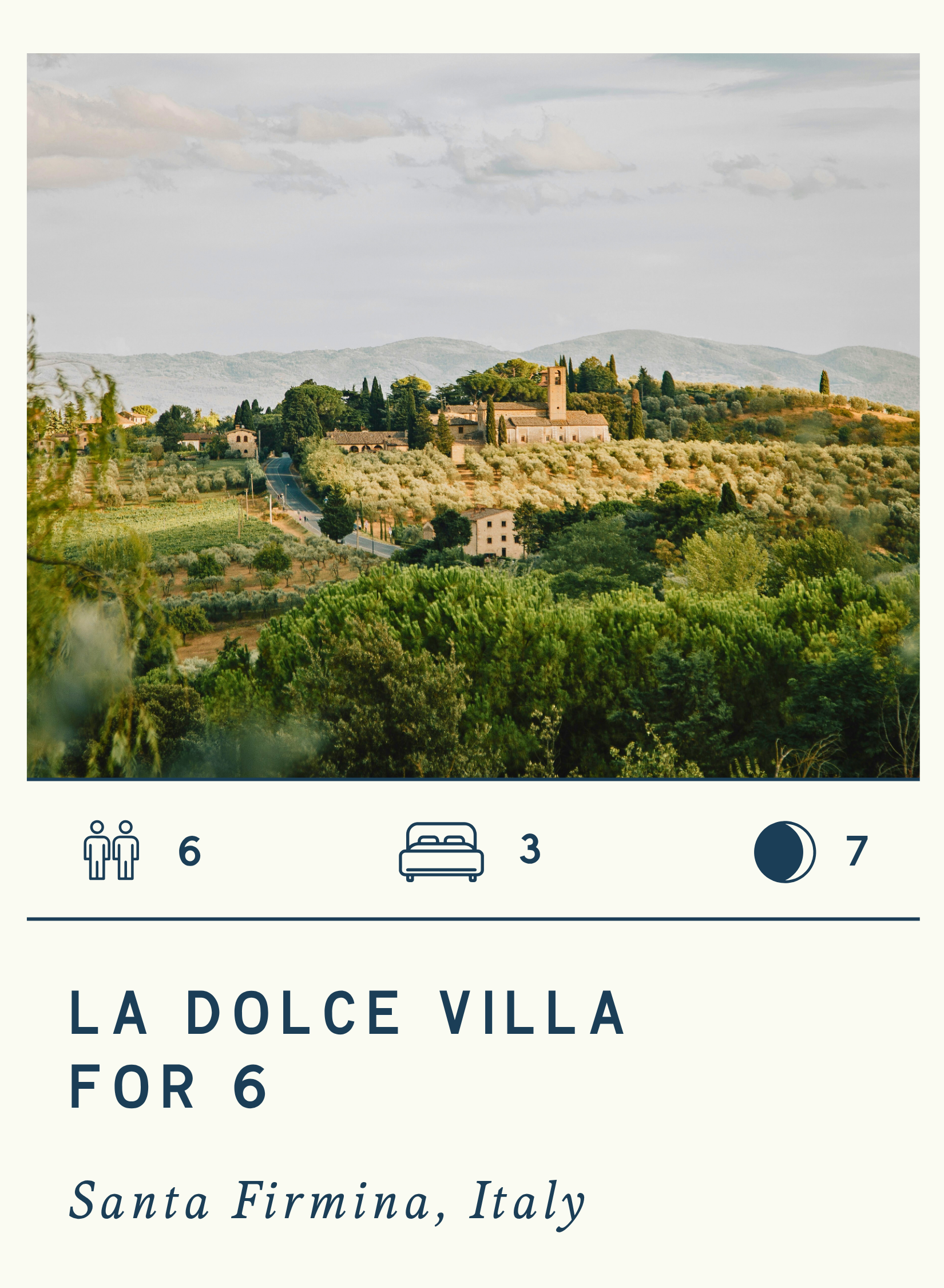 Picture of a landscape with rolling hills, trees, and a historic estate or villa in Santa Firmina, Italy, during daytime.