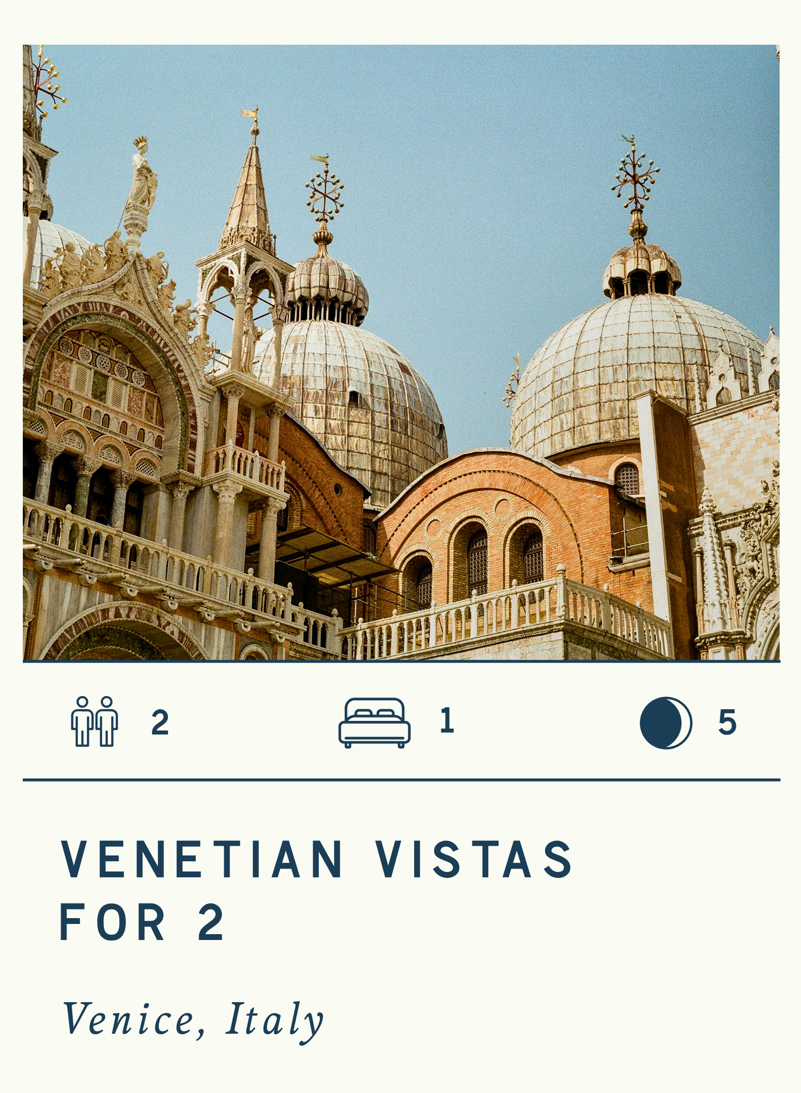 Photograph of Venetian architecture with ornate domes and intricate details, set against a clear blue sky.