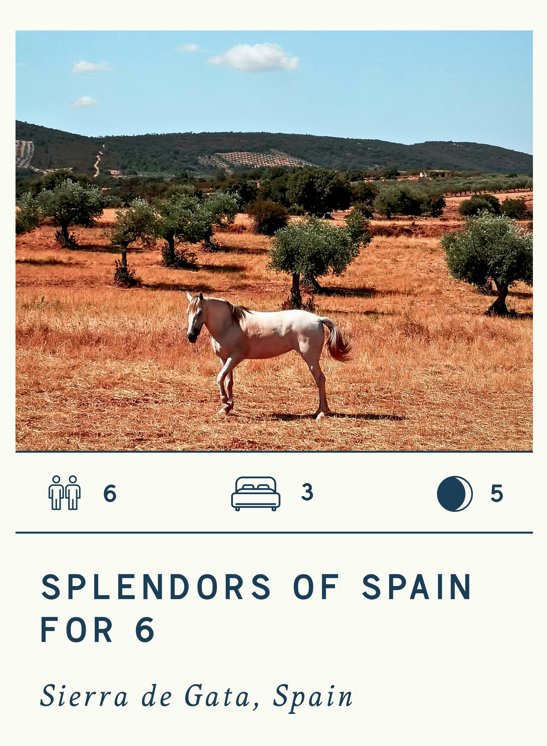 Sojourn Ventures - A horse standing in a dry, orange-colored field with green trees in the background, under a blue sky with a few clouds. The caption indicates the location as Sierra de Gata, Spain.