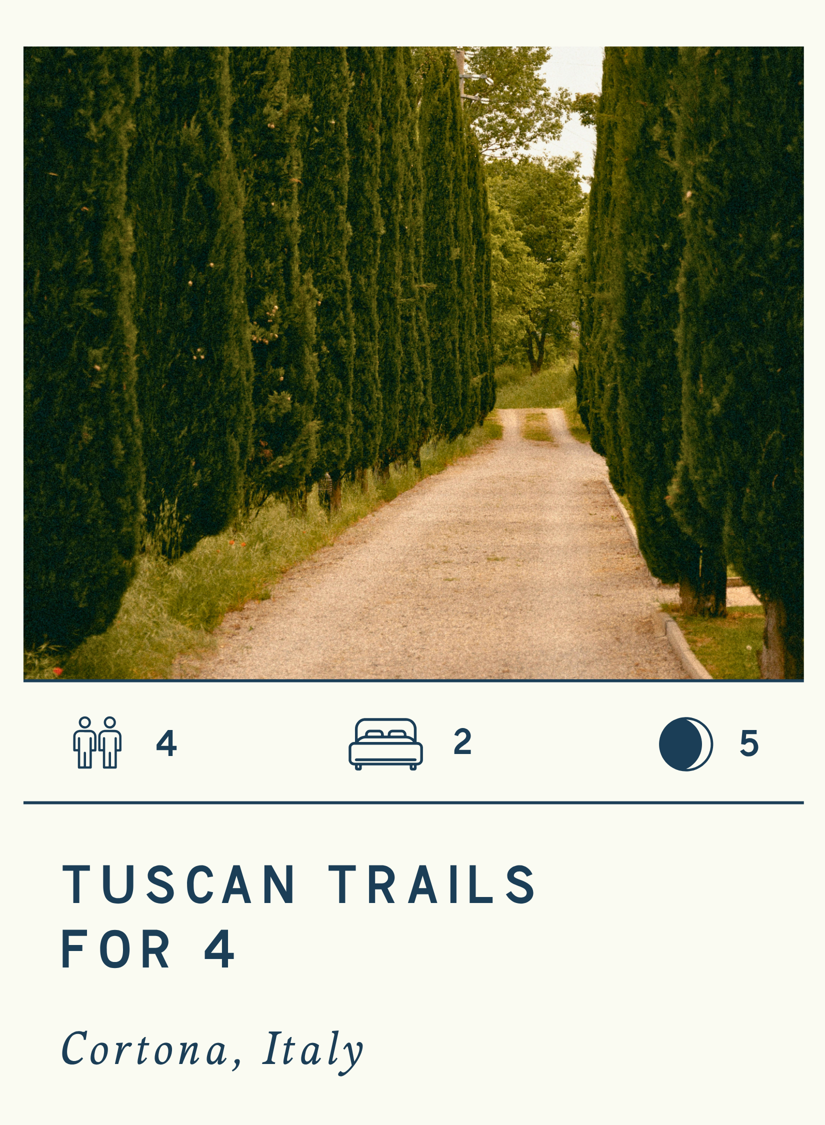 A gravel pathway lined with tall green cypress trees in Cortona, Italy.