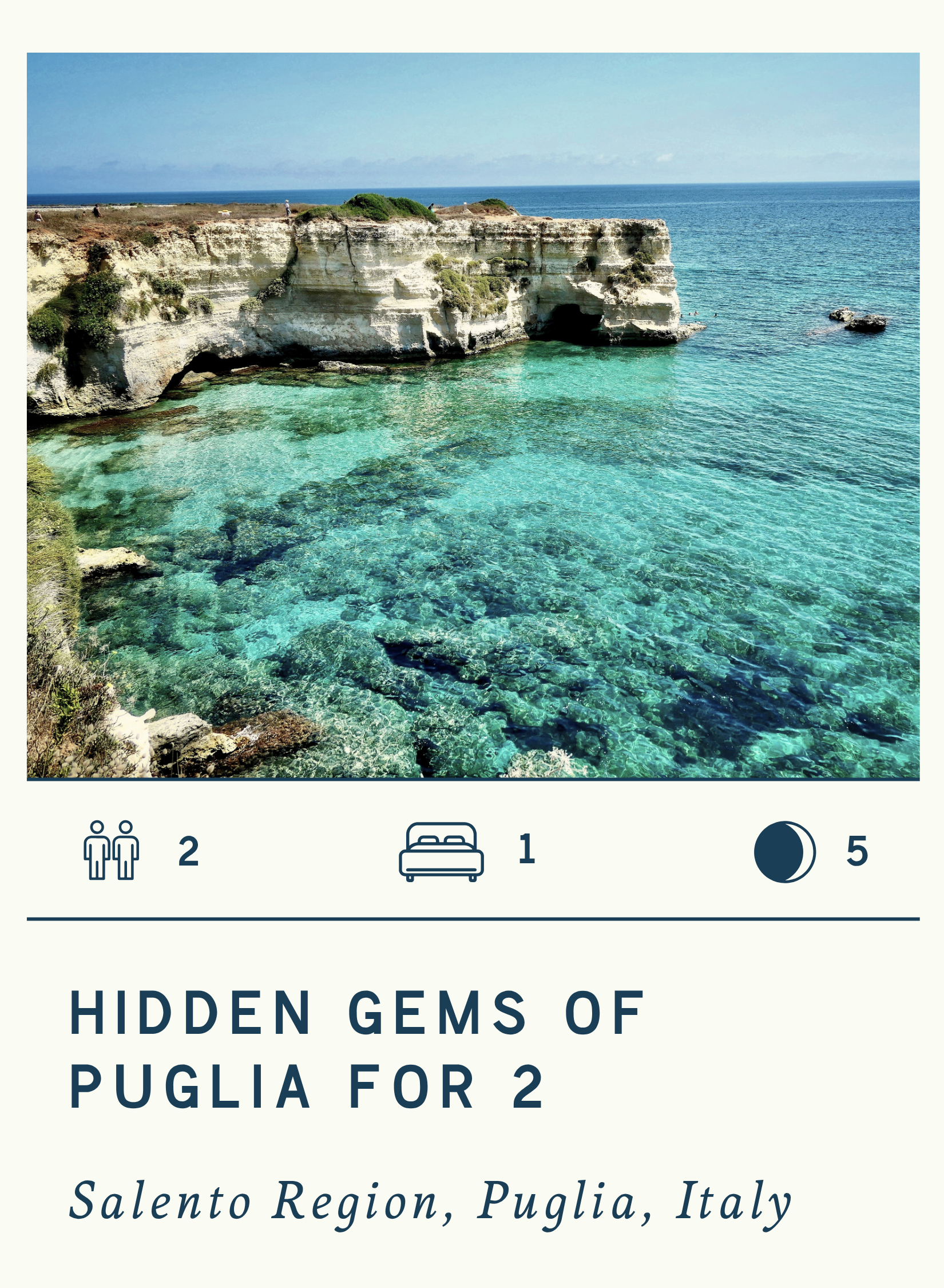 Photo of a coastal scene with white cliffs, clear turquoise water, and a blue sky, taken in the Salento region of Puglia, Italy.