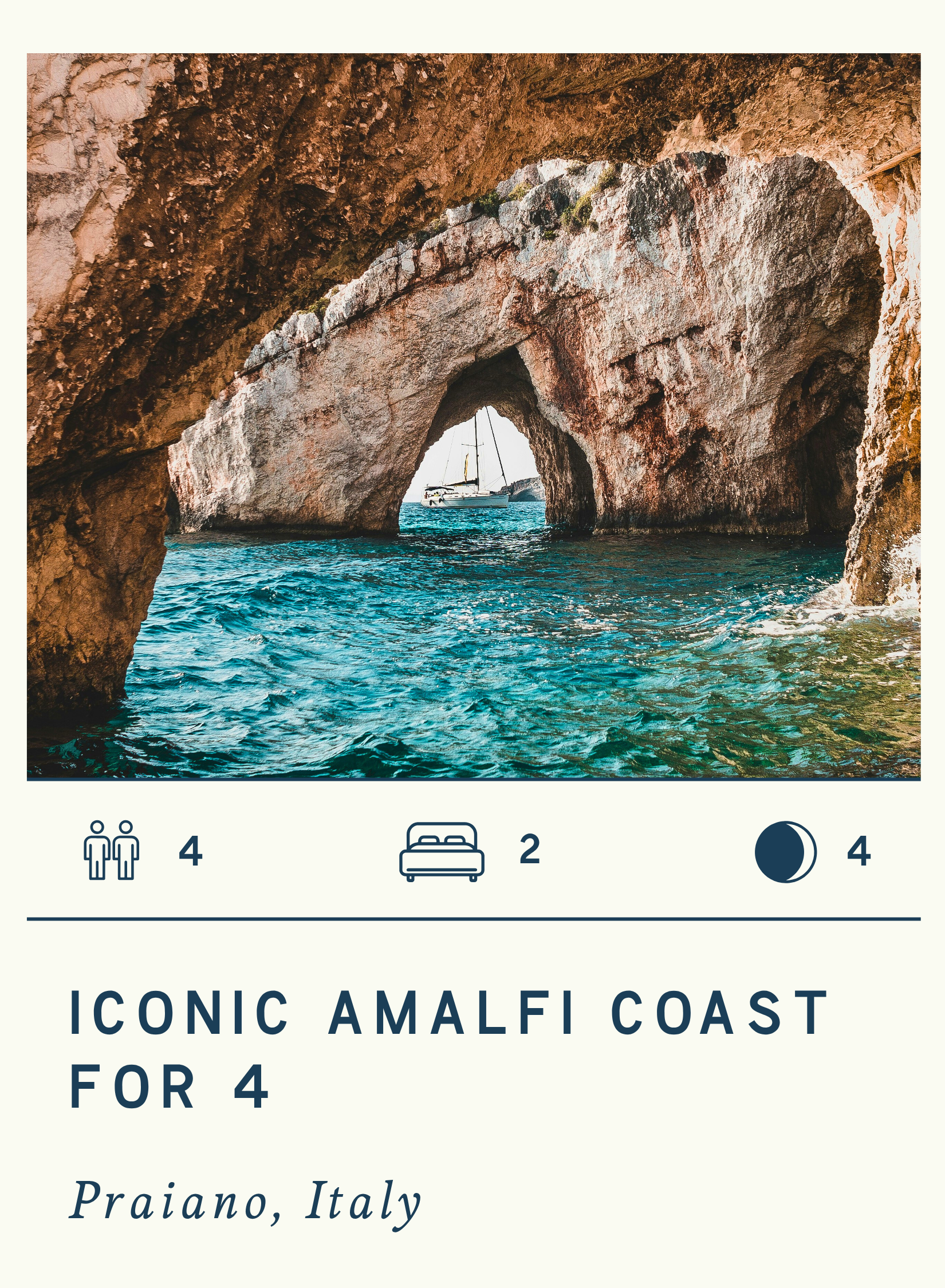 Photo of a natural rock formation with arches and holes, view of the sea through the rocks, with a sailboat in the distance on the water near the coast of Praiano, Italy.