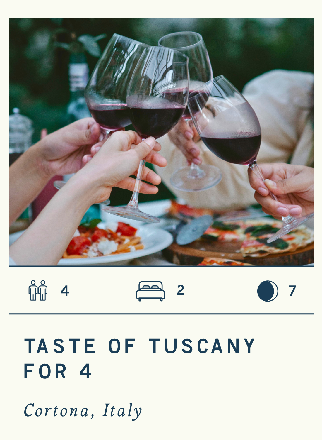 Four people clinking glasses of red wine at an outdoor dining setting with pizza and food on the table, with text describing a Taste of Tuscany travel package for four in Cortona, Italy.