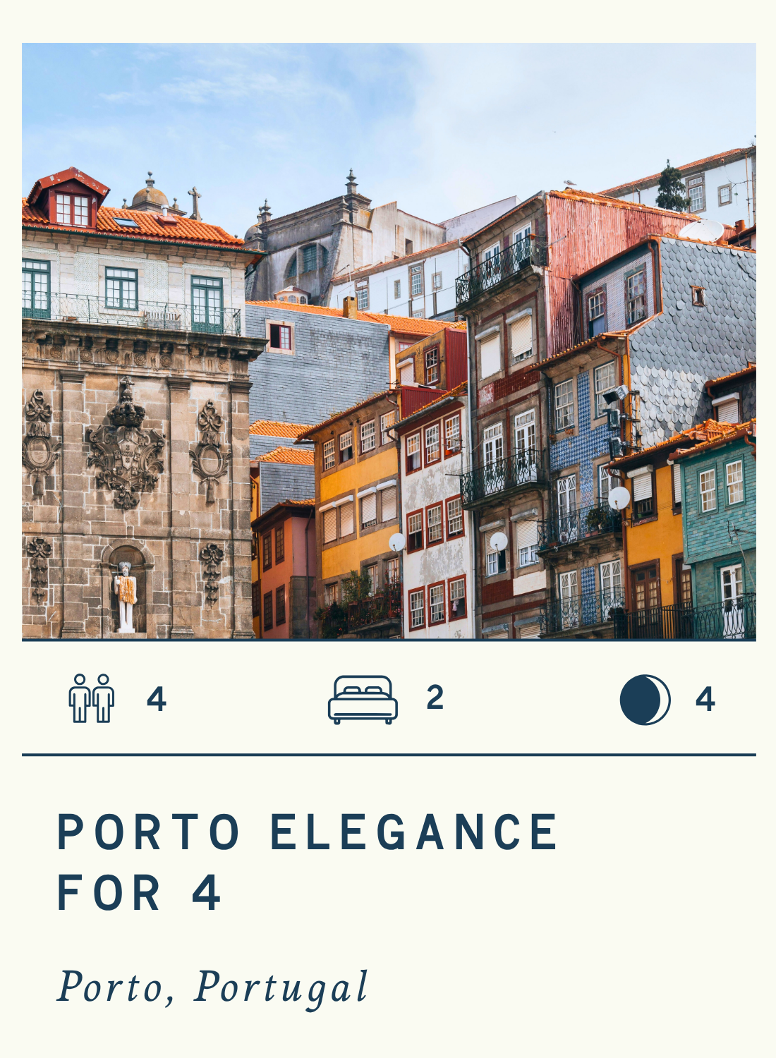 Colorful buildings in Porto, Portugal, with decorative stone facades and tiled exteriors under a blue sky, with text describing a Porto Elegance travel package for four people.