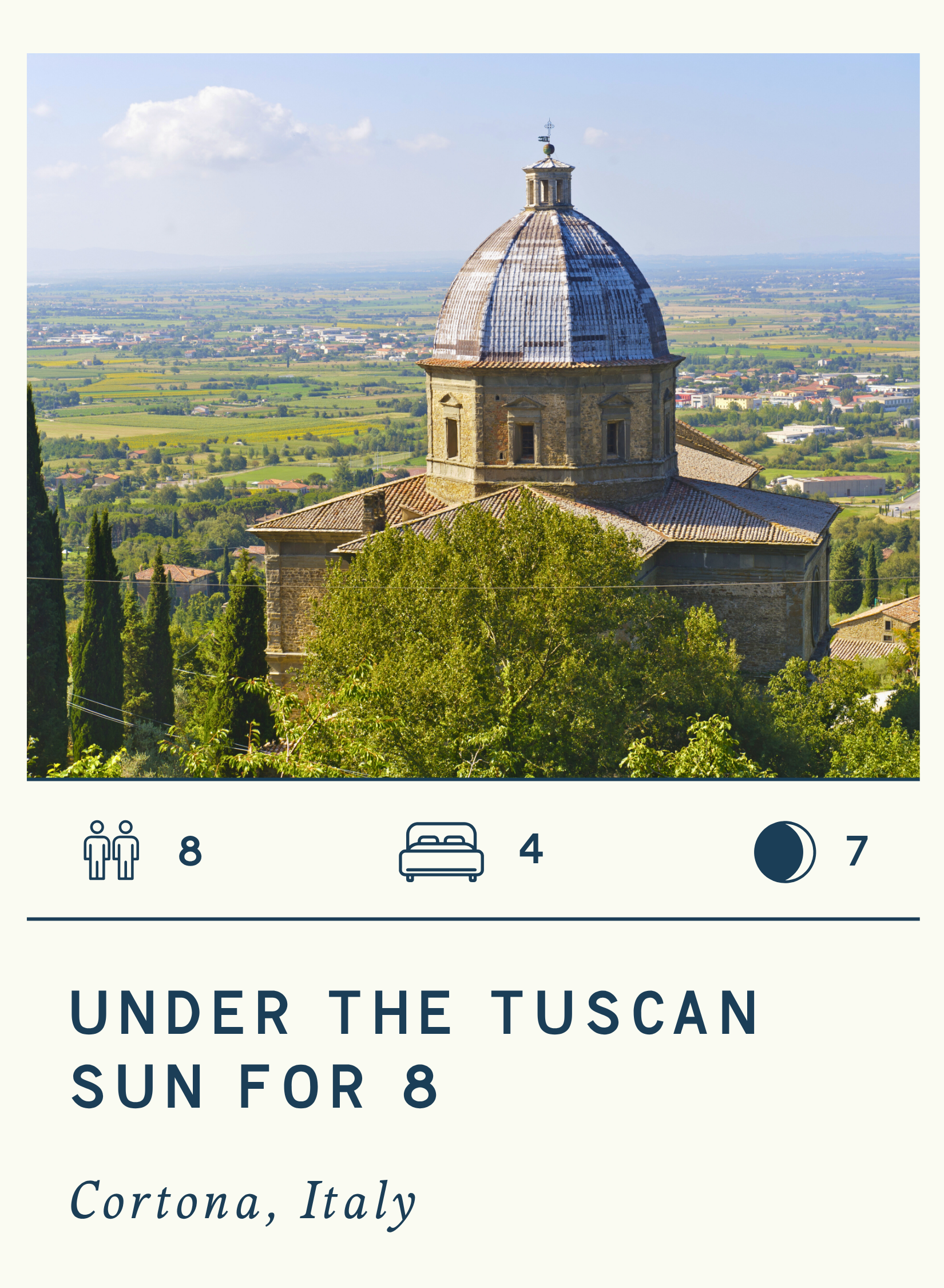 Scenic view of a historic church with a large dome, overlooking lush green trees and a panoramic landscape of Cortona, Italy, under a partly cloudy sky.