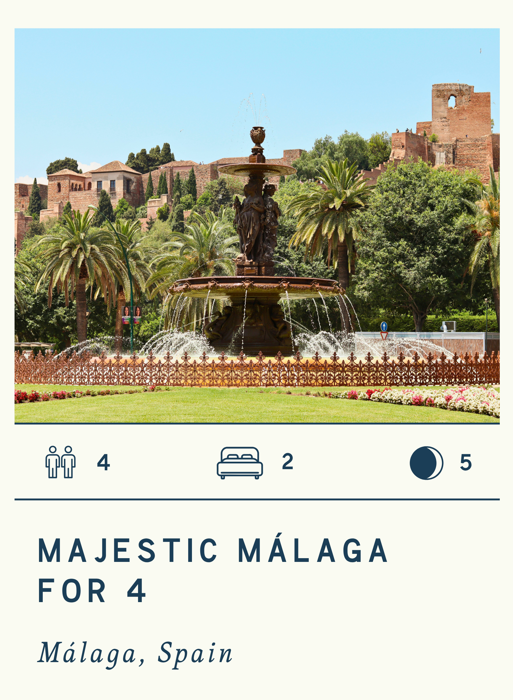 Colorful travel app card featuring a fountain in Málaga, Spain, with palm trees and historic buildings in the background.