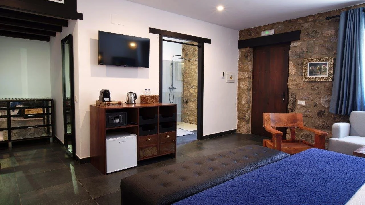 Hotel room with a bed, wooden chair, small sofa, flat-screen TV, mini fridge, and bathroom with a shower visible through an open door, stone walls, and blue curtain.