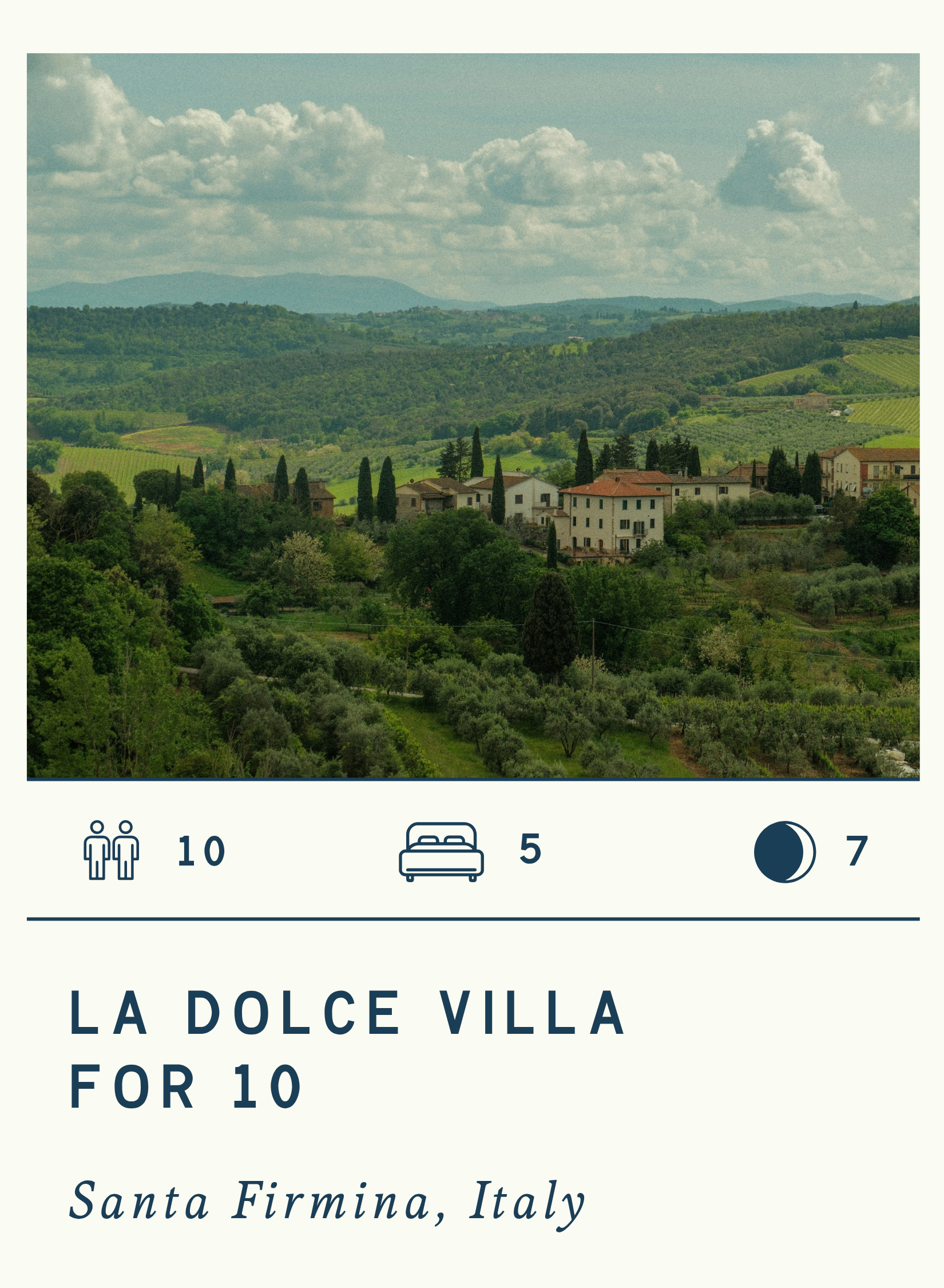 Scenic view of rural Italian landscape with houses, cypress trees, and rolling hills under a partly cloudy sky in Santa Firmina, Italy.
