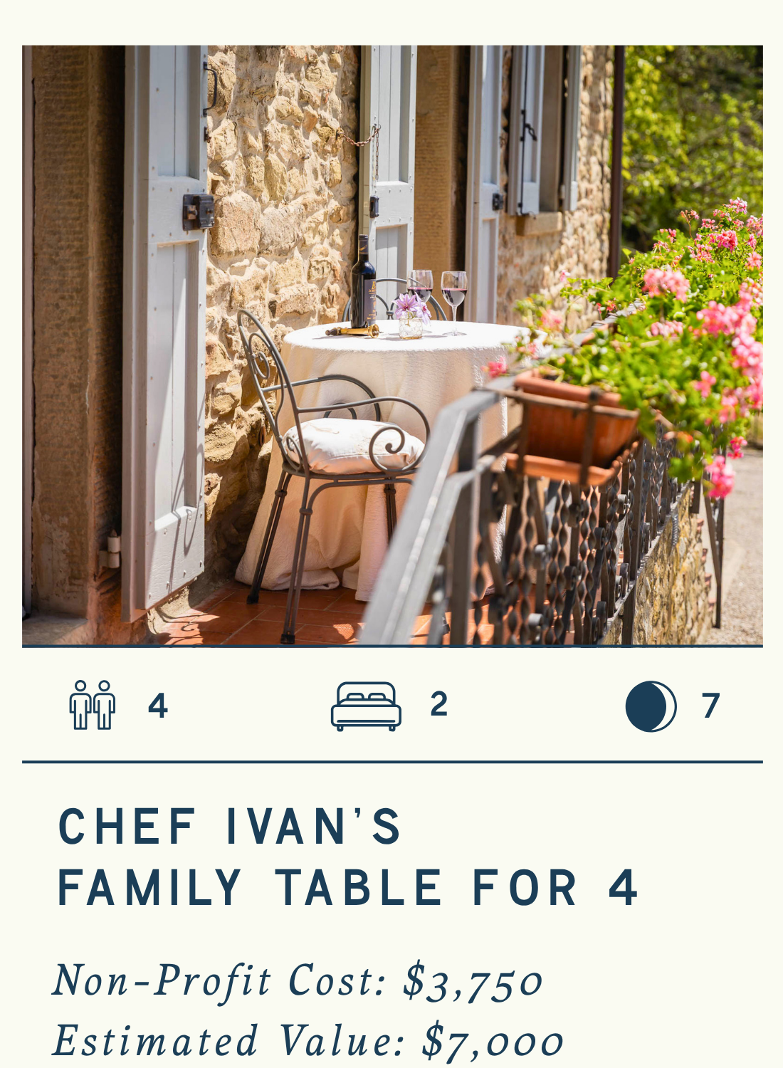A small outdoor balcony labeled as Chef Ivan's family table for 4, with a round table covered with a white cloth, two wine glasses, a bottle of wine, a small flower arrangement, and two ornate metal chairs with cushions. There are pink flowers in a p