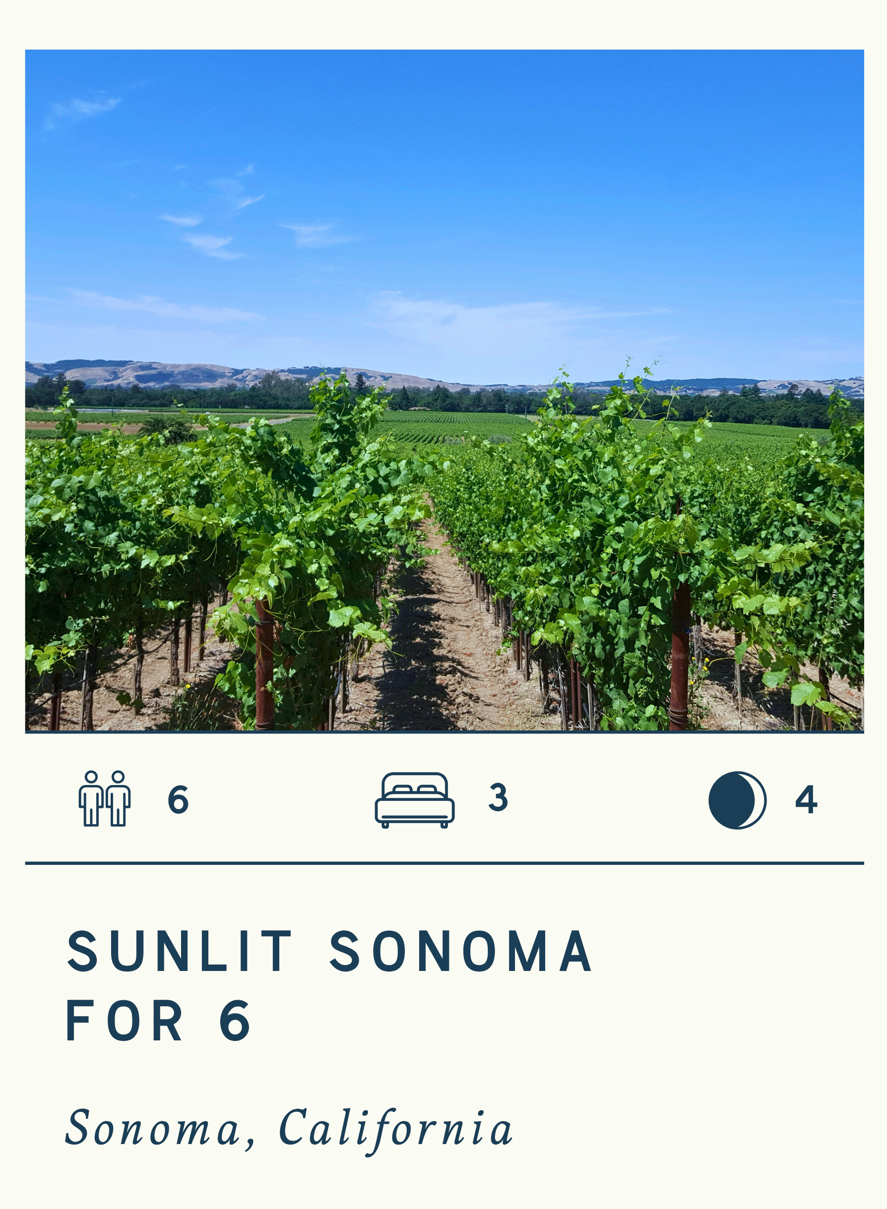 A vineyard in Sonoma, California with rows of grapevines under a clear blue sky.