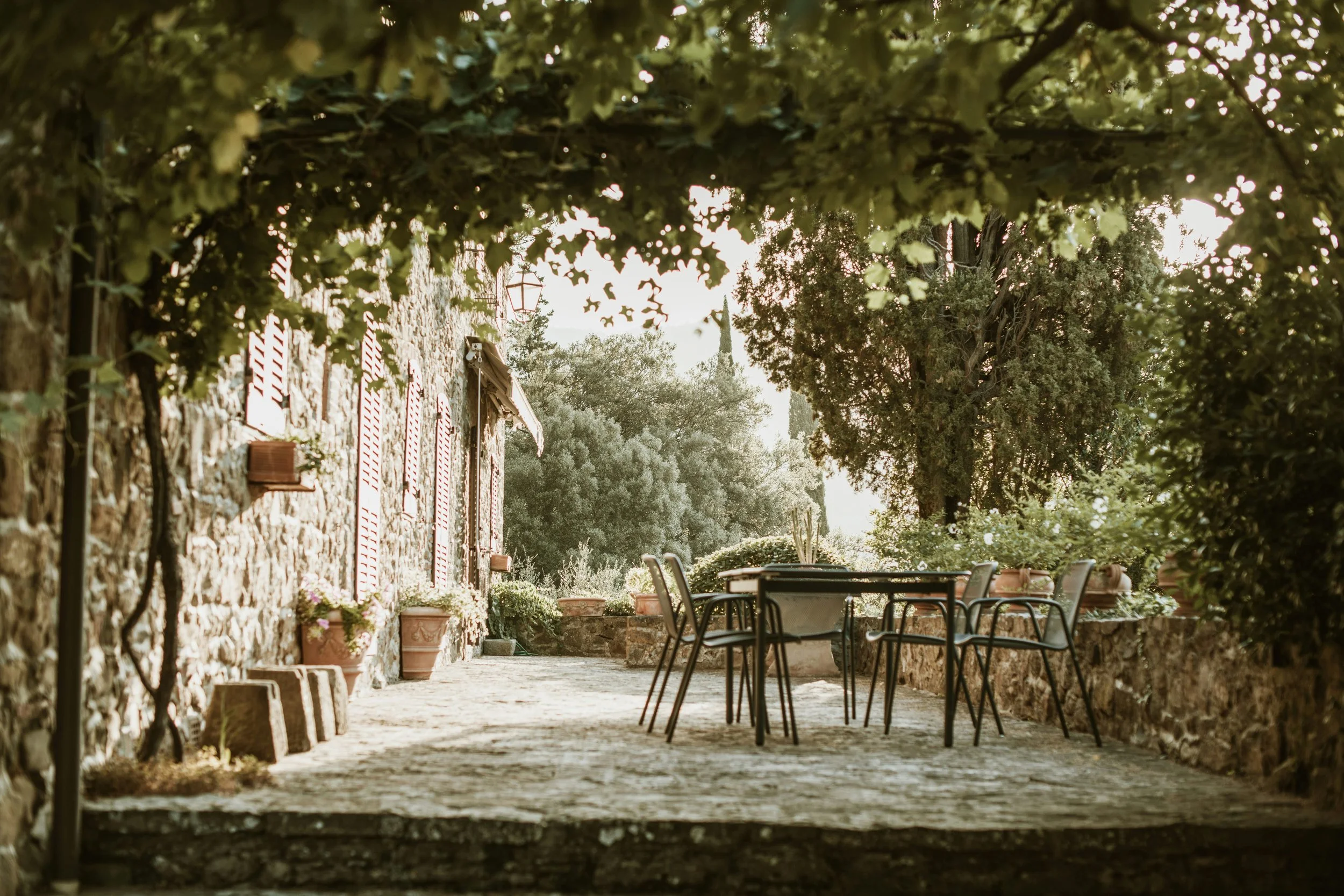 Outdoor patio area with stone walls, potted plants, trees, and a table with chairs, shaded by overhanging foliage.