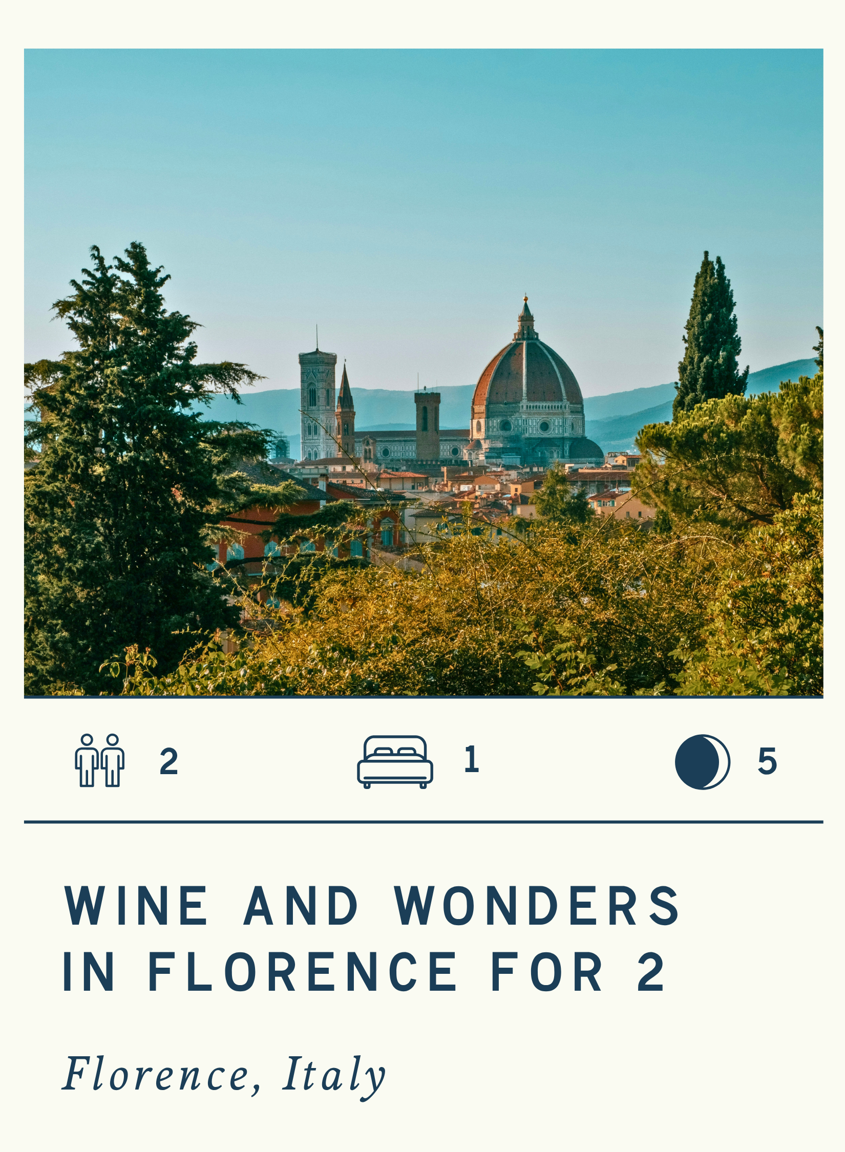 A scenic view of Florence, Italy, with the Florence Cathedral and its iconic dome visible above trees and buildings.
