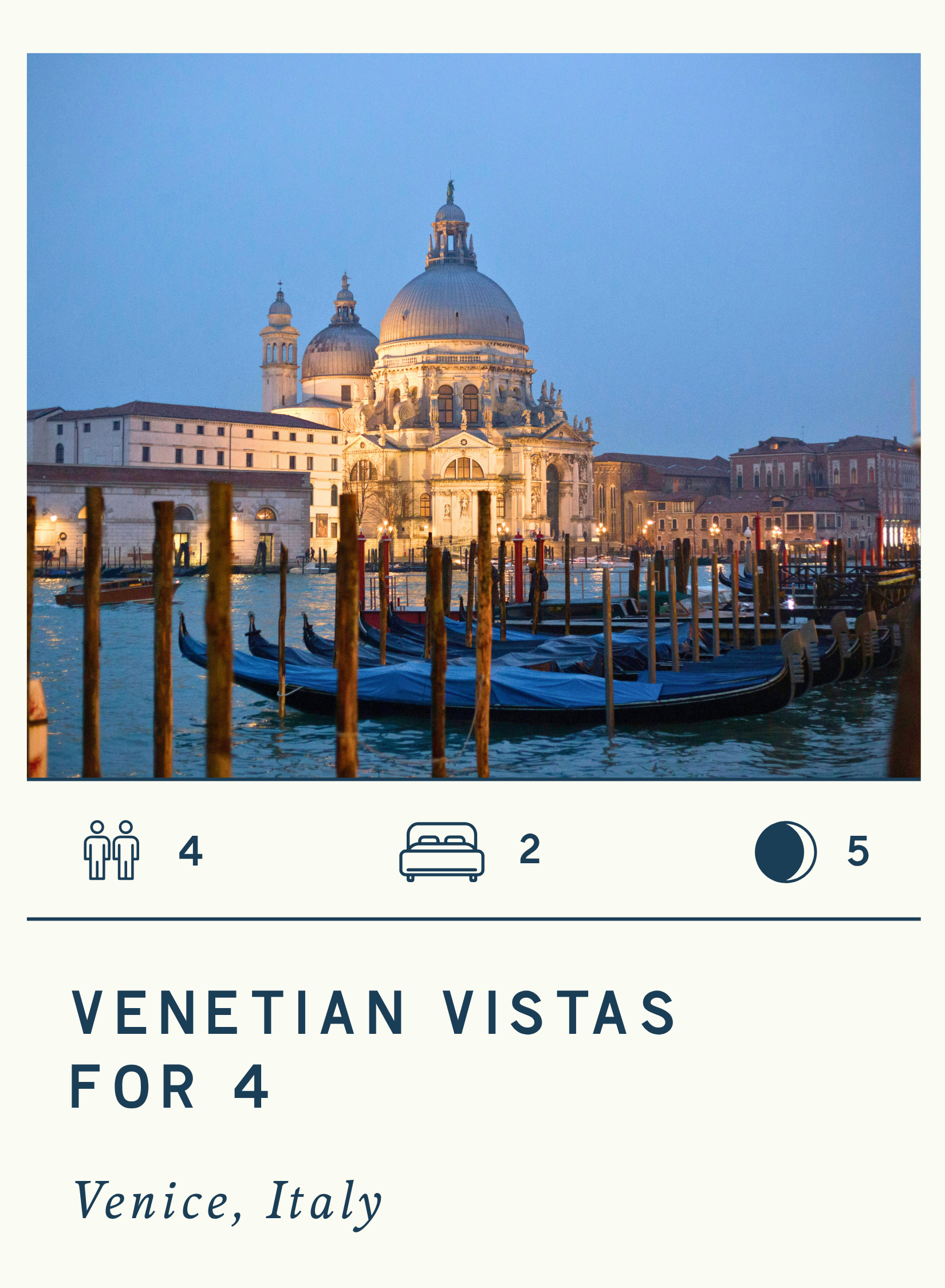 View of the Basilica di Santa Maria della Salute in Venice, Italy, taken at dusk with gondolas docked along a canal in the foreground.