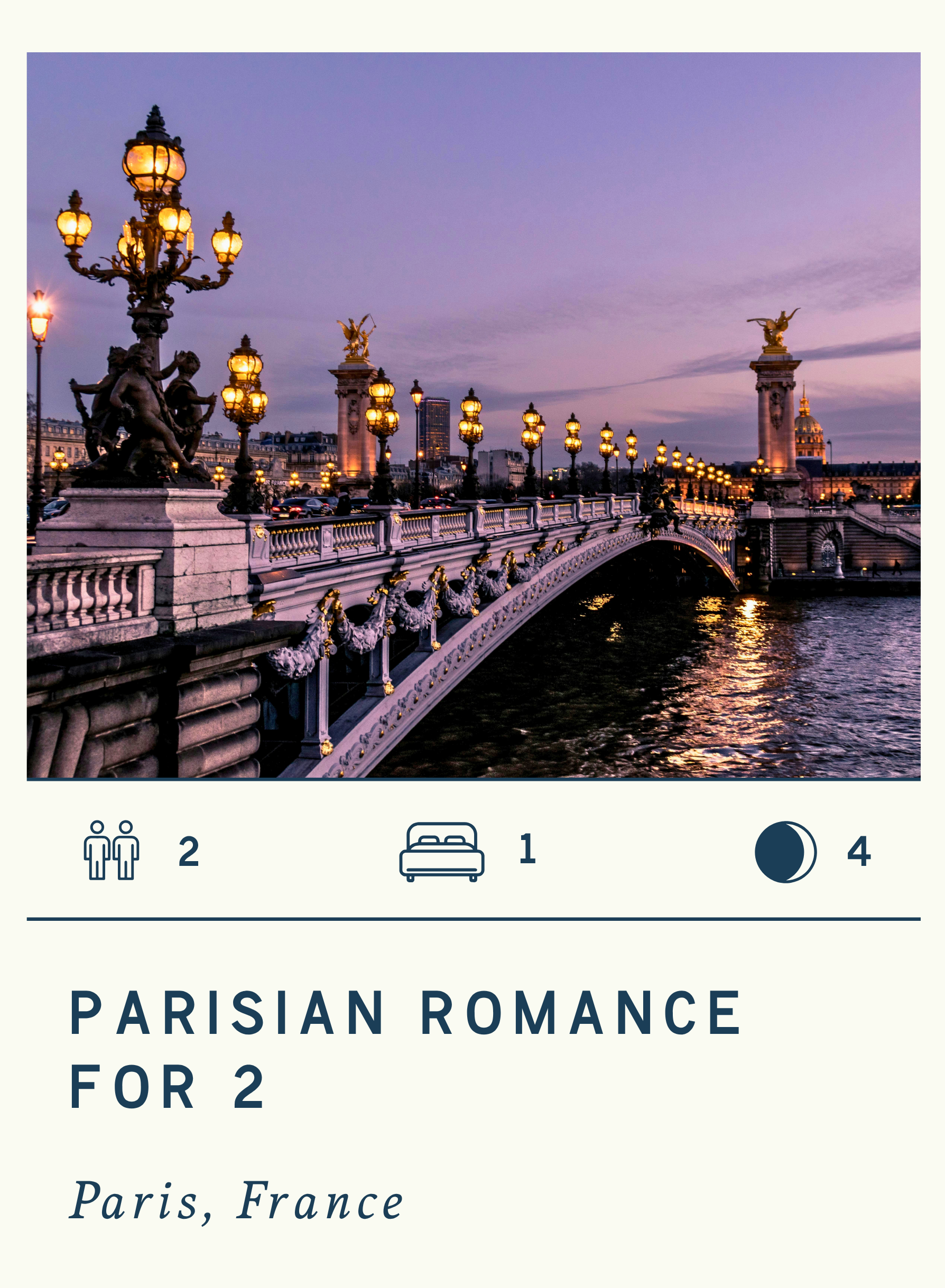 View of the Alexander III Bridge over the River Seine in Paris, France, at dusk with ornate lamp posts and statues