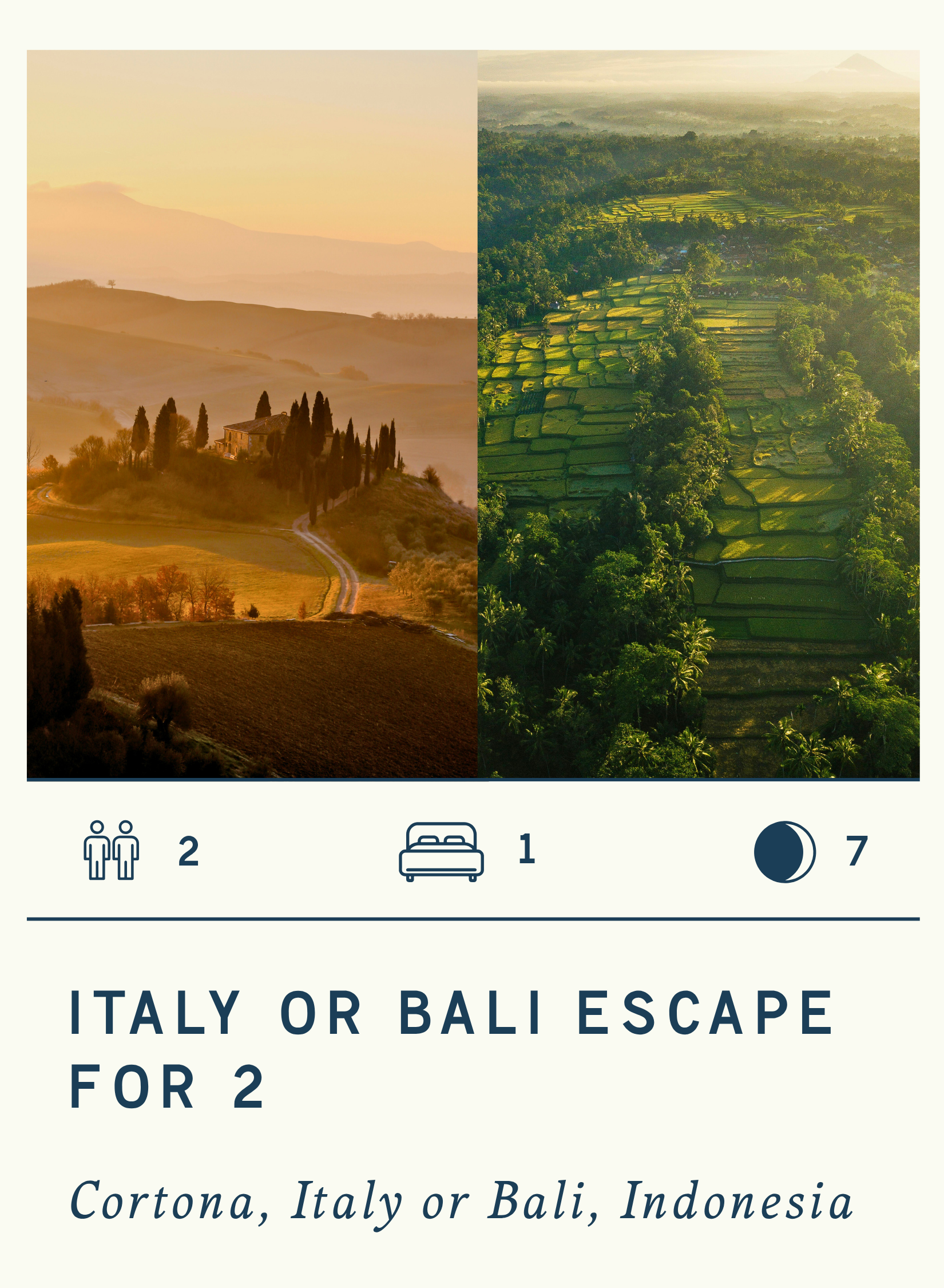 Split image of scenic landscapes: on the left, rolling hills and a house in Italy at sunset; on the right, lush green rice paddies in Bali, Indonesia.