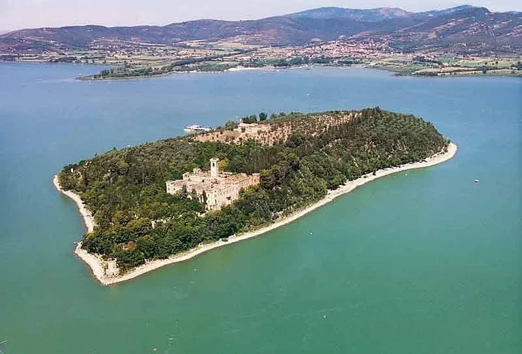 A historic castle on a small, forested island surrounded by a large body of water, with mountains and land visible in the background.