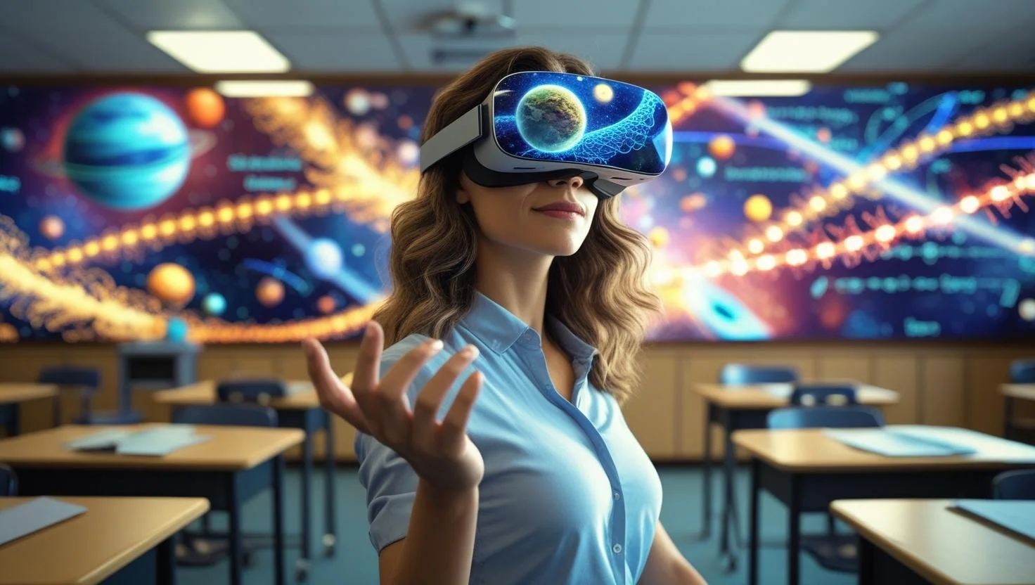 Woman wearing a virtual reality headset with a space-themed display, in a classroom setting.