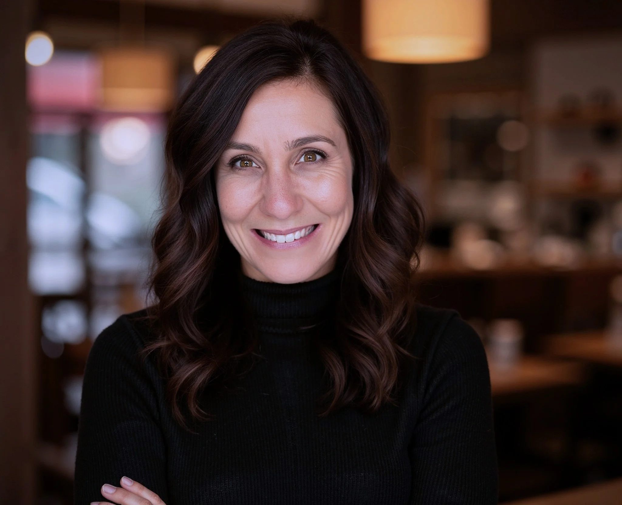 A woman with medium length wavy dark brown hair smiling in a warmly lit indoor setting, wearing a black turtleneck.