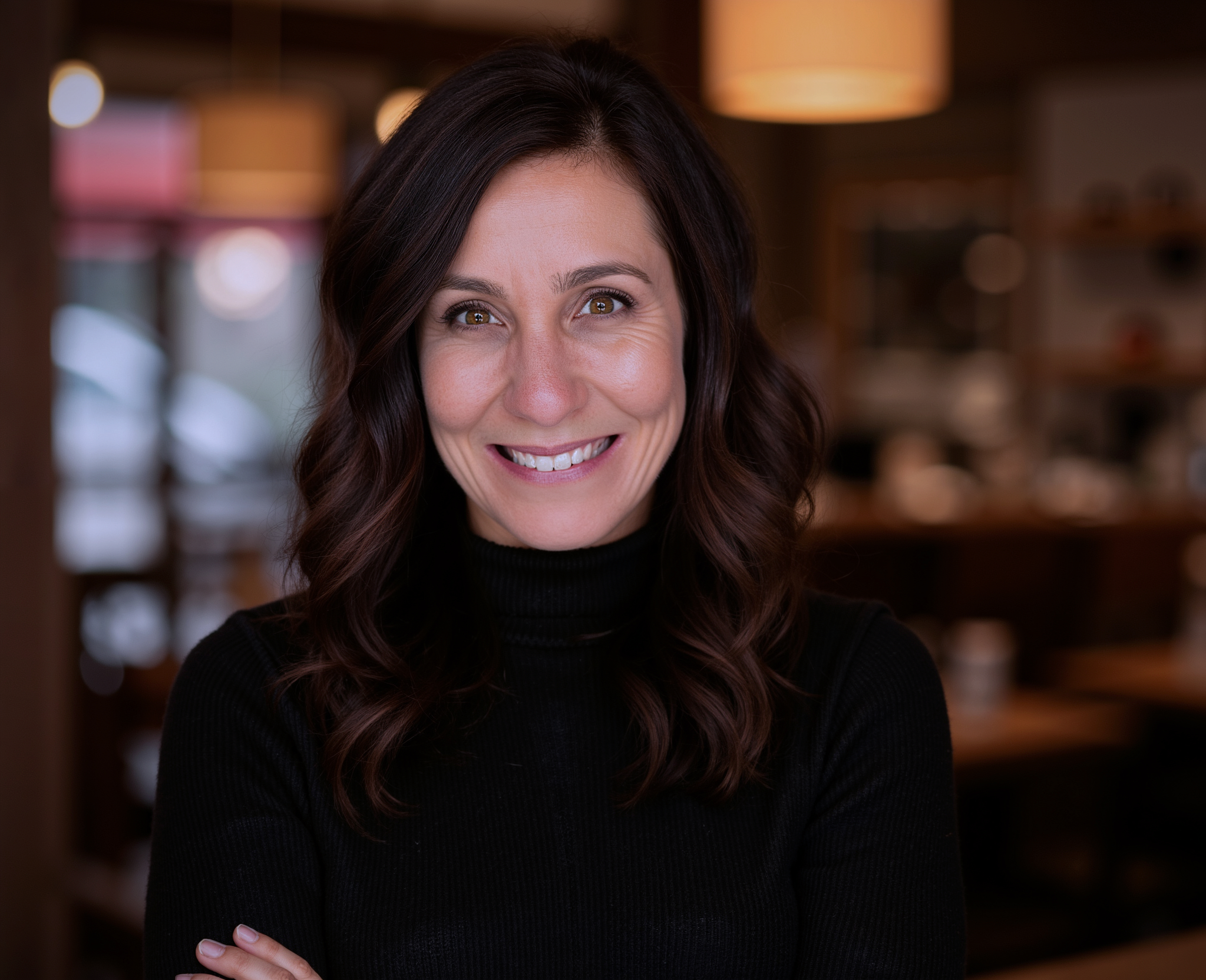 A smiling woman with dark wavy hair and brown eyes, wearing a black turtleneck sweater, in a warmly lit indoor setting with shelves and hanging lamps in the background.