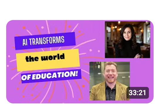 Thumbnail for a video titled "AI Transforms the World of Education" featuring a purple background with fireworks, with images of a woman and a man in the top right and bottom right corners.