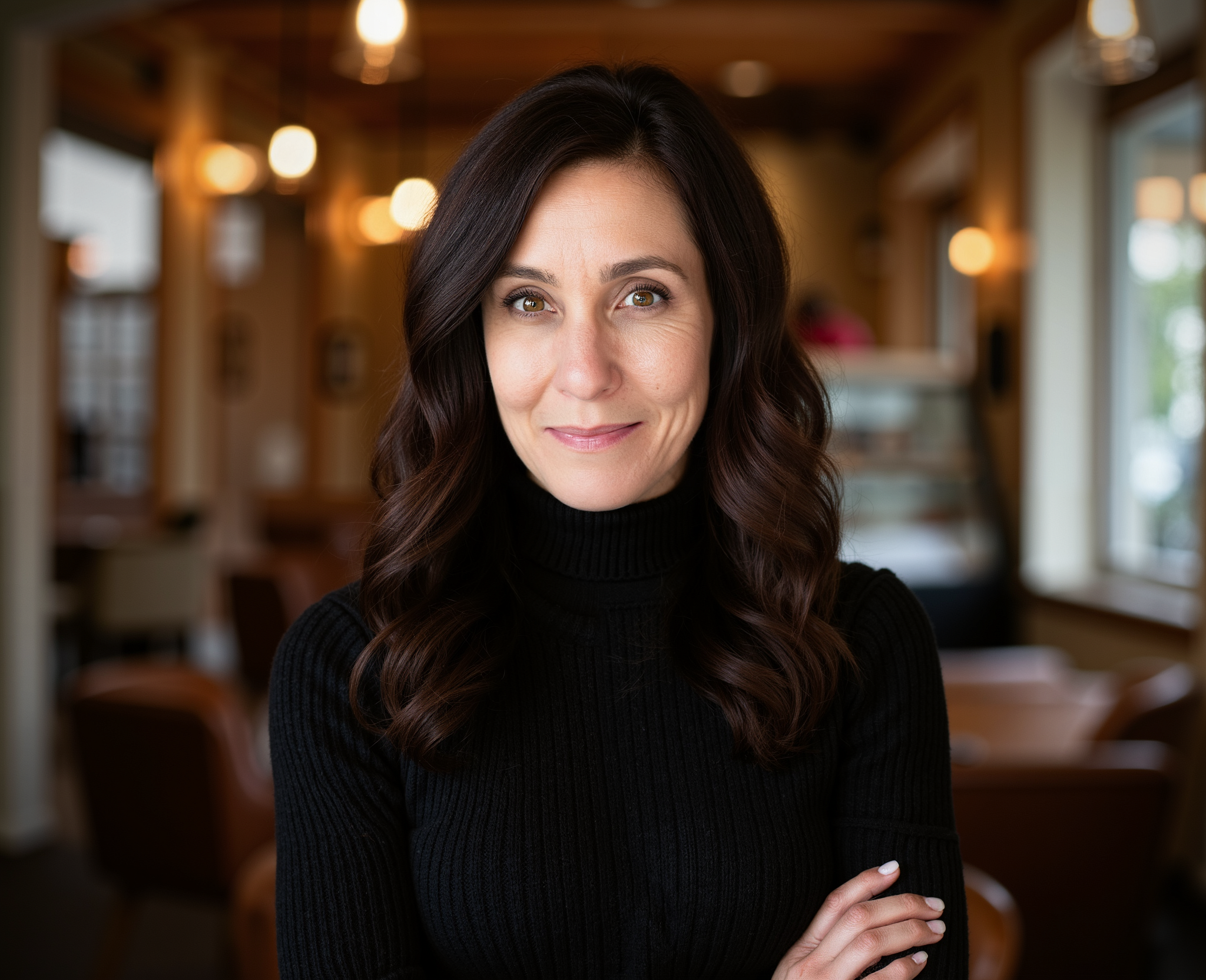 A woman with brown wavy hair and a black turtleneck looking at the camera in a cozy cafe setting.