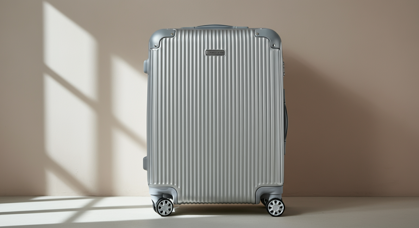 Silver hard-shell rolling suitcase with vertical ridges, set against a neutral background with window shadows.