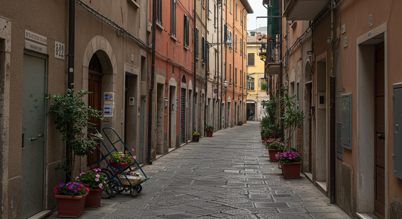 A quiet, narrow alleyway lined with colorful residential buildings, potted flowers and plants on both sides, and some carts and utility boxes along the walls.