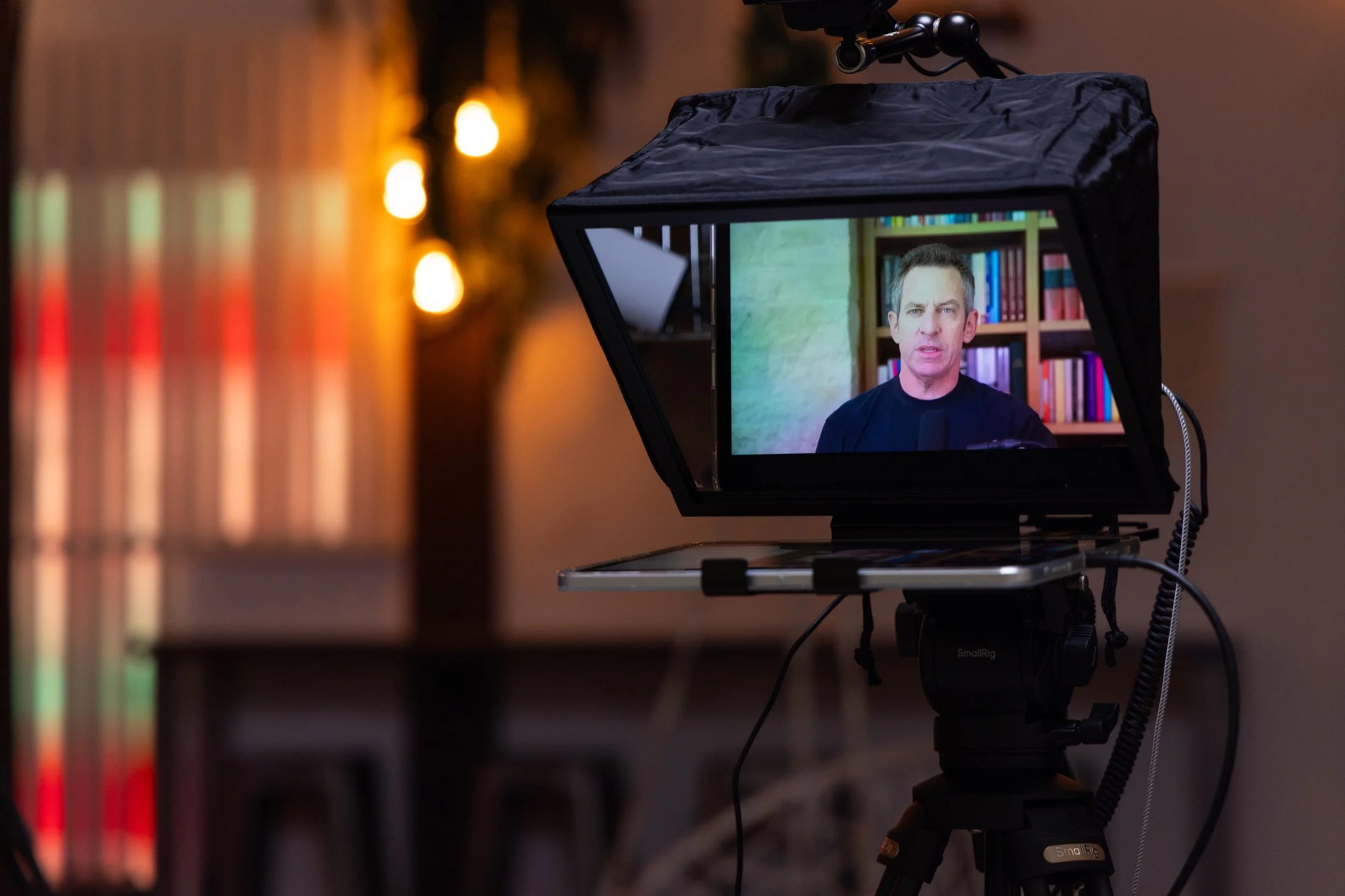 Riverside teleprompter setup for remote interviews, Sam Harris and Stephen Marche