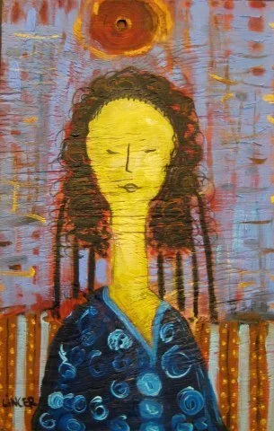 Woman Dreaming of Sunset (2017), oil on wood, 15x9.5