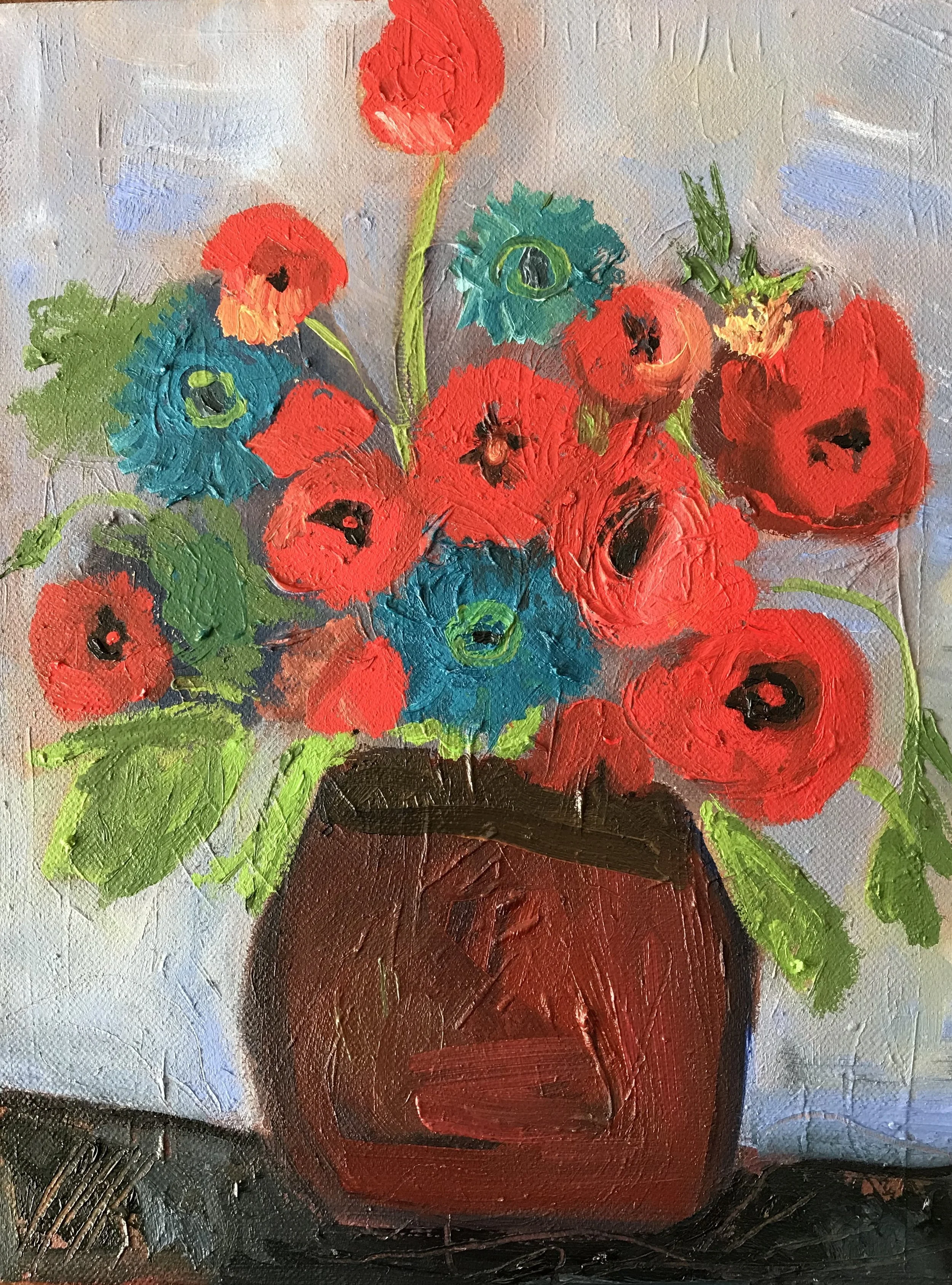 Poppies and Anemones (2018), oil on canvas, 14x11