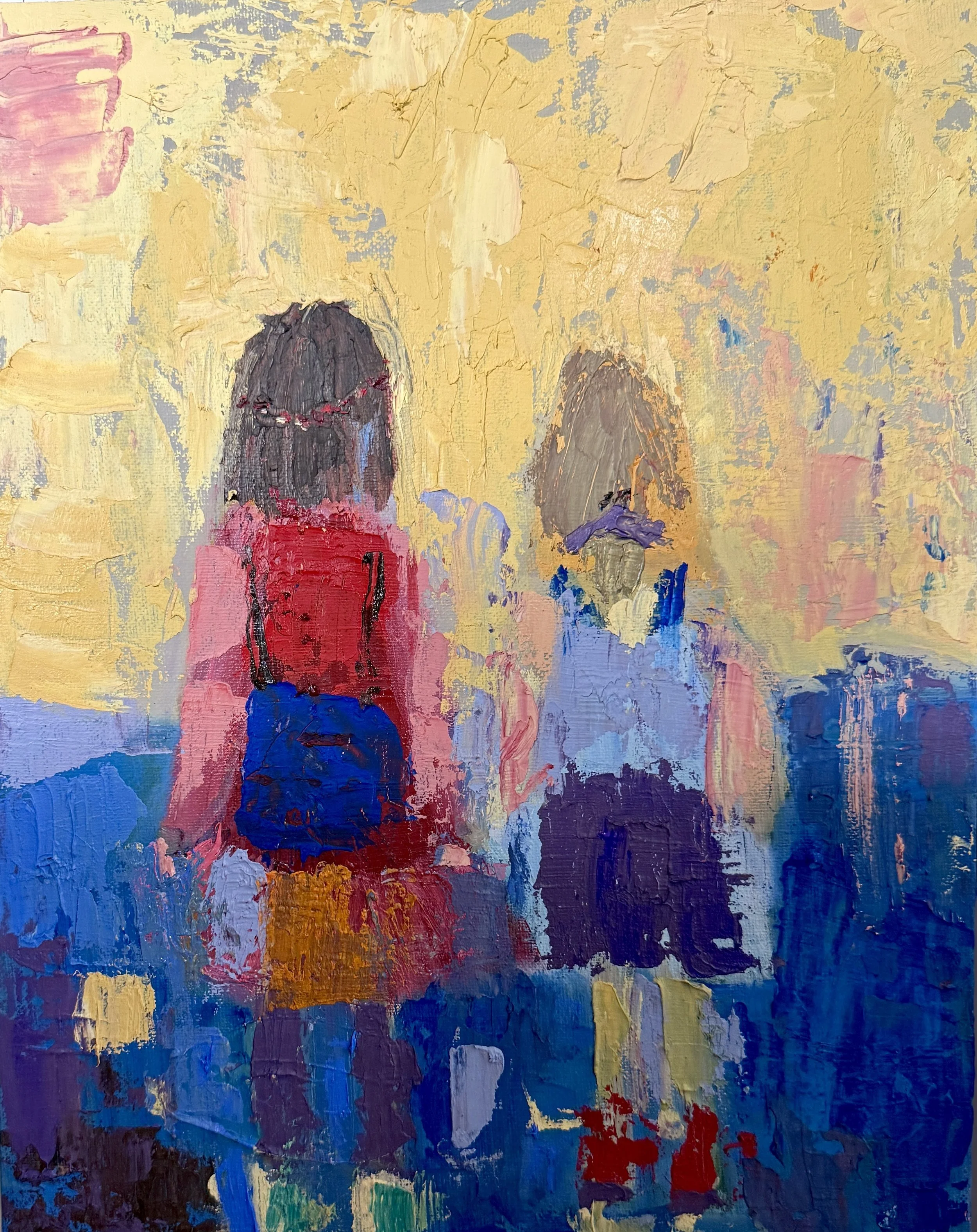 Friends (2025), oil and cold wax on canvas panel, 14x11