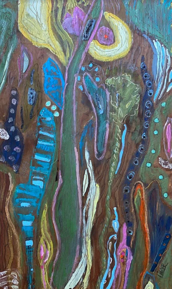 Serpentine (2022), acrylic and pen on upcycled wood, 15x9